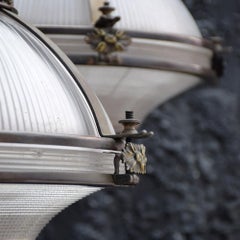 Rare set of 3 Holophane Glass Globe Pendant Lamps with brass fittings circa 1920