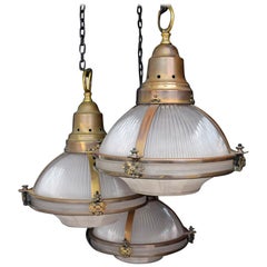 Antique Rare set of 3 Holophane Glass Globe Pendant Lamps with brass fittings circa 1920