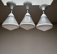 Rare Set of 3 Large Art Deco White Enamel & Opaline Glass Pendant Lights, ca1920