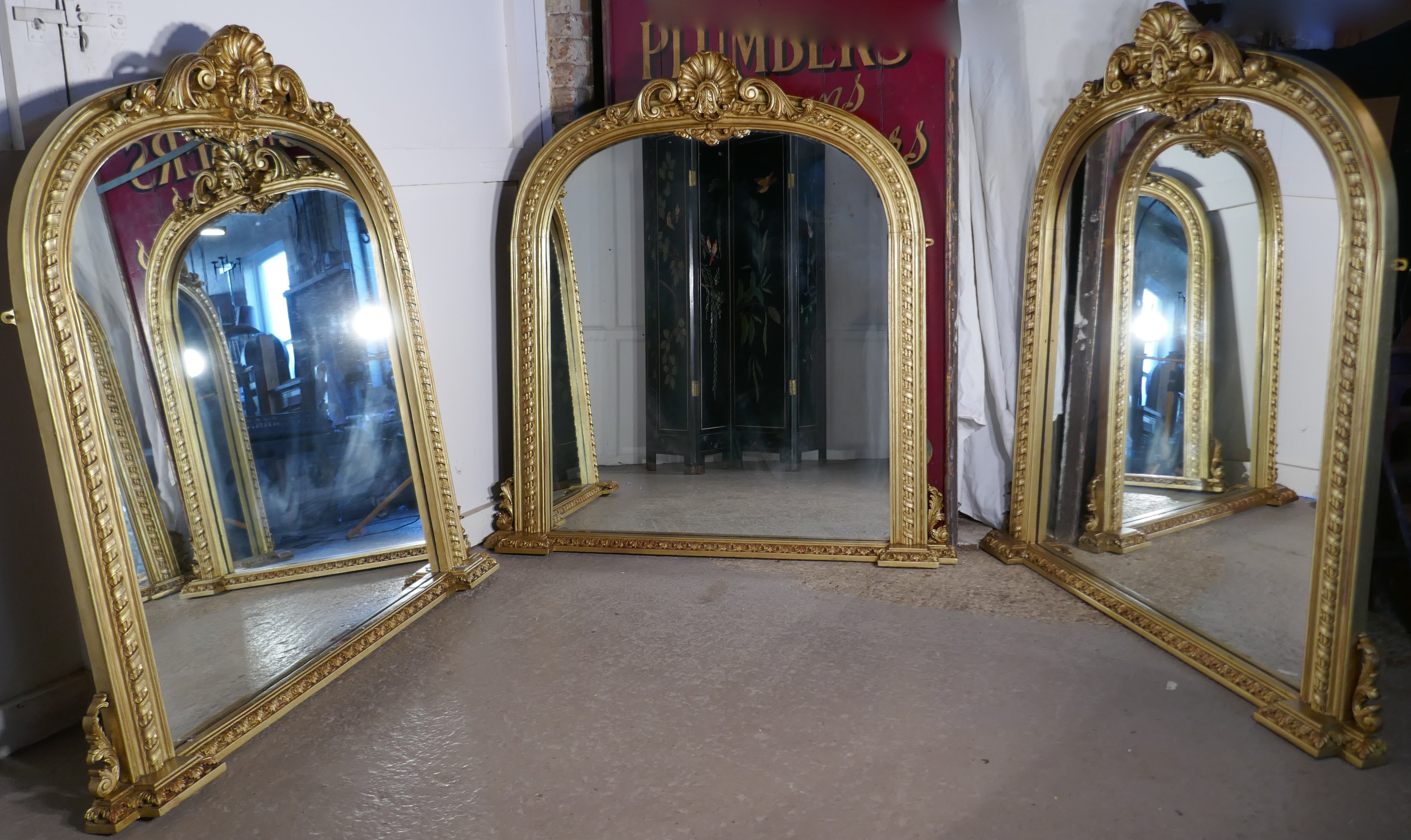 Rare Set of 3 Large Gilt Arched Rococo Over Mantle Mirrors