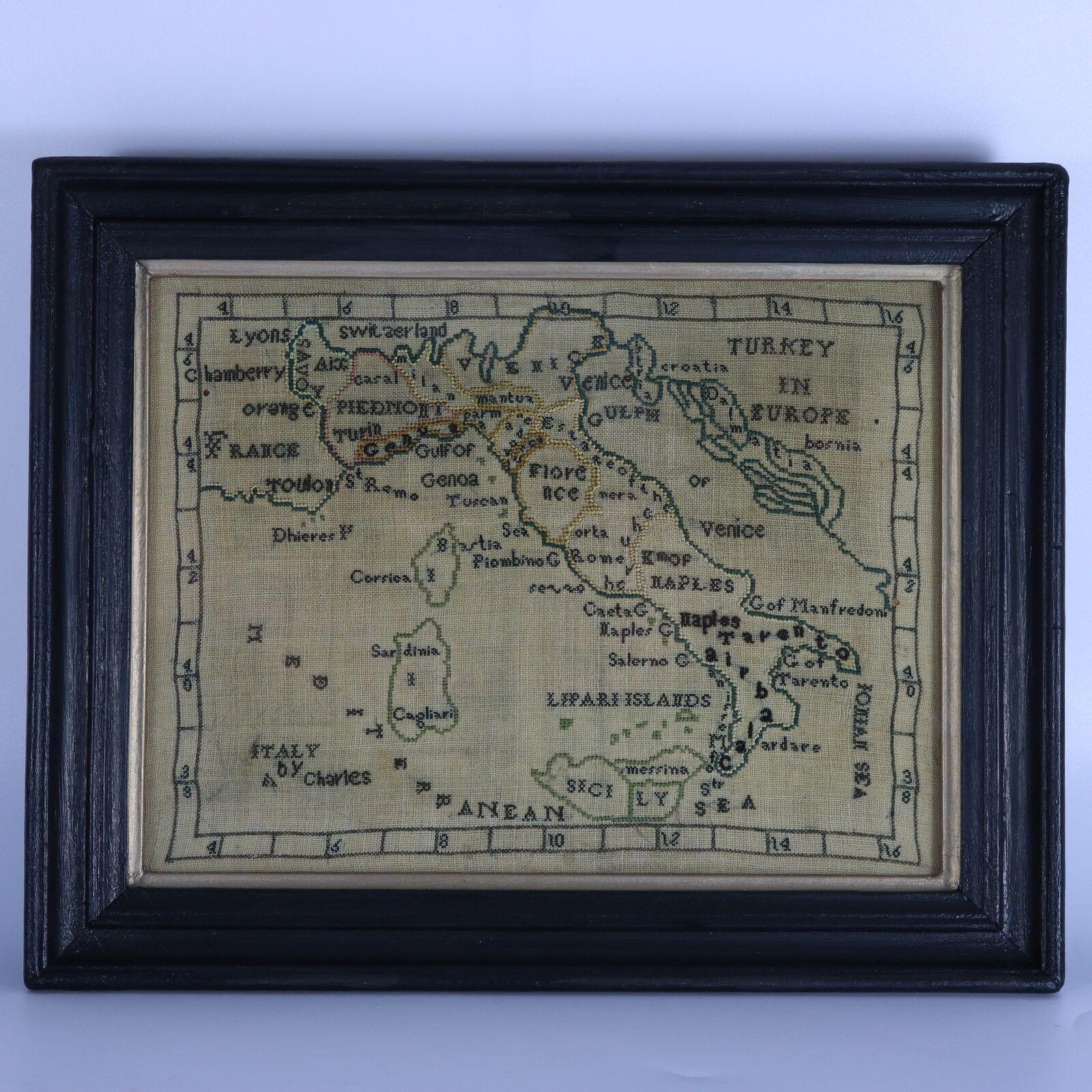 Set of 3 Map Samplers by A Charles. All depict countries, cities, seas and landmarks of the respective countries. The first entitled, 'SPAIN and PORTUGAL'. The second, 'MAP OF FRANCE'. The third, 'ITALY'. The samplers are worked in silk thread on