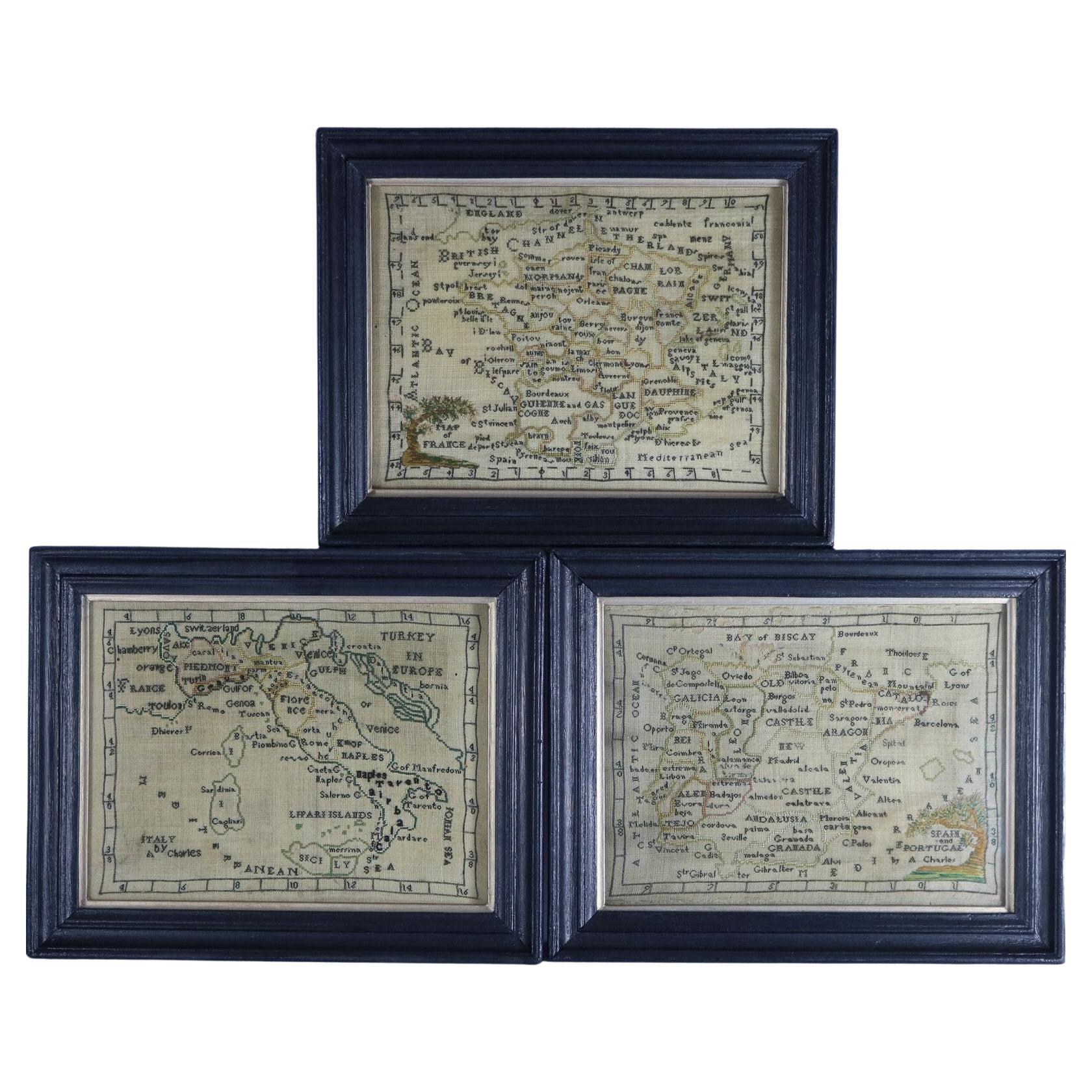 Rare Set of 3 Map Samplers by A Charles. Italy, Spain & France For Sale