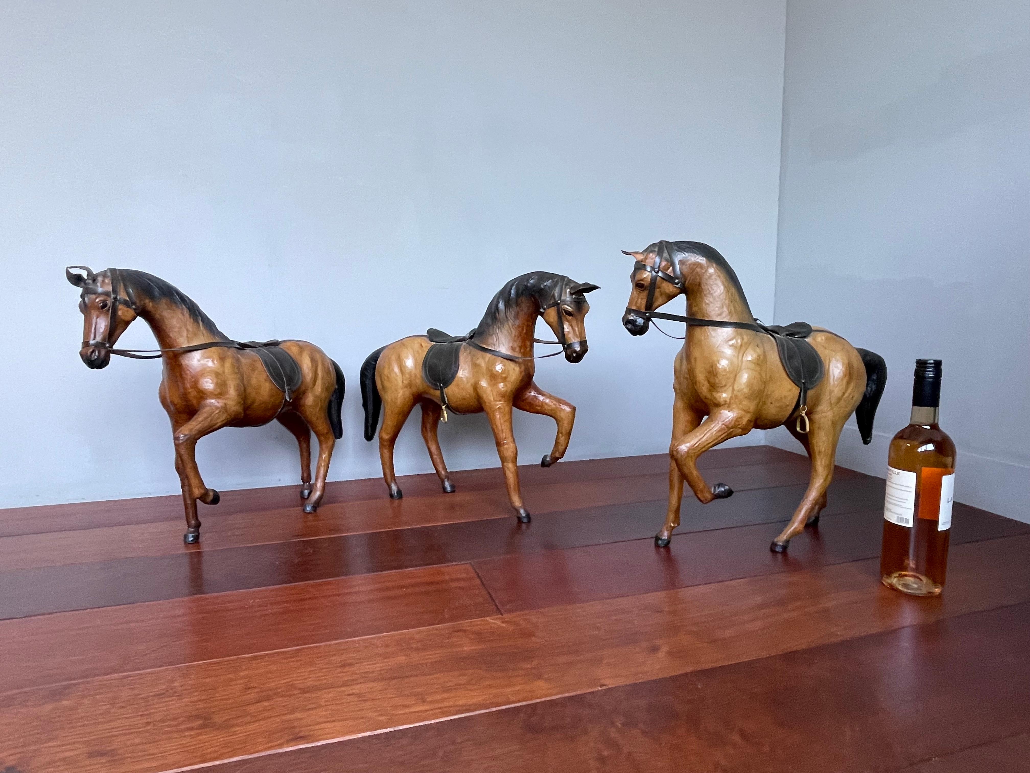 Rare Set of 3 Midcentury Handmade Leather on Hand Carved Wood Dressage Horses For Sale 4