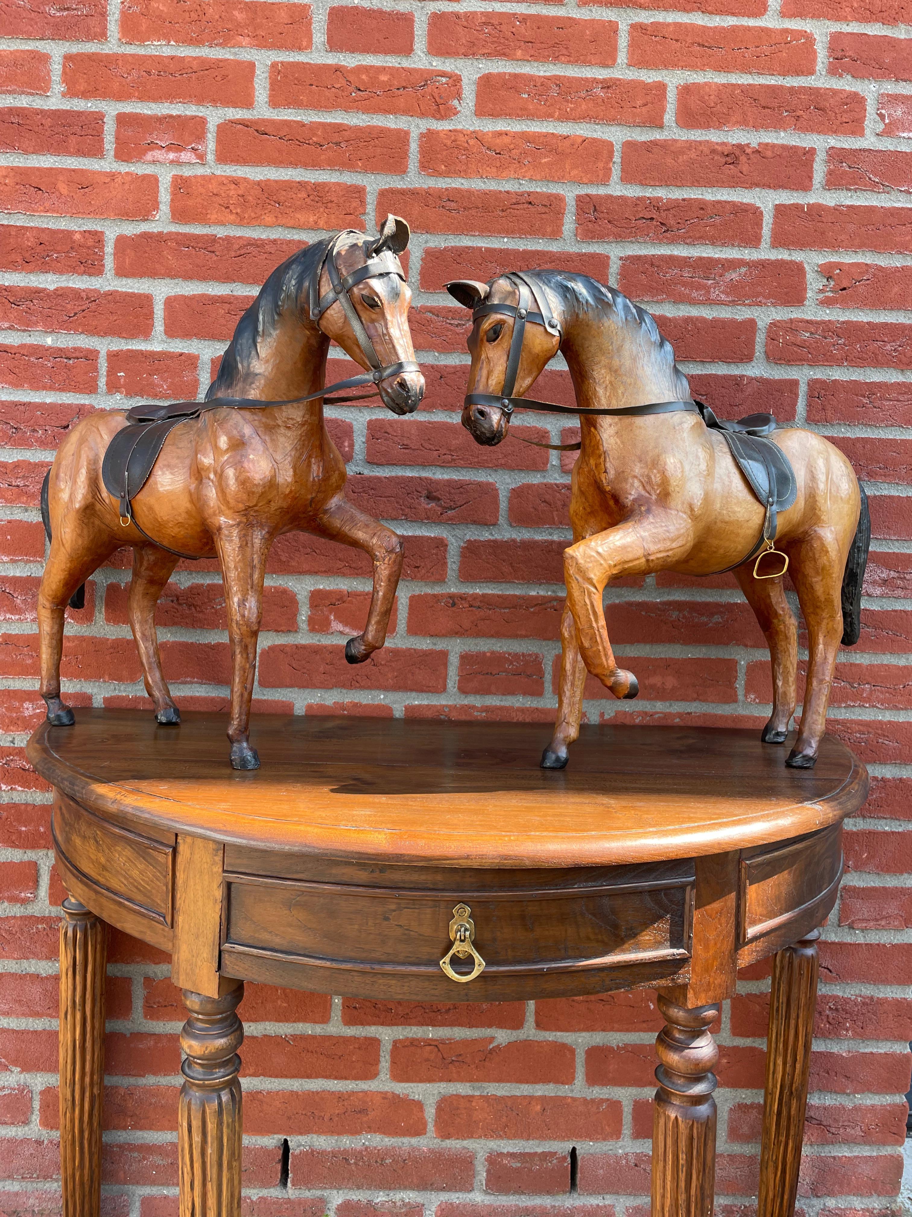 Rare Set of 3 Midcentury Handmade Leather on Hand Carved Wood Dressage Horses For Sale 5