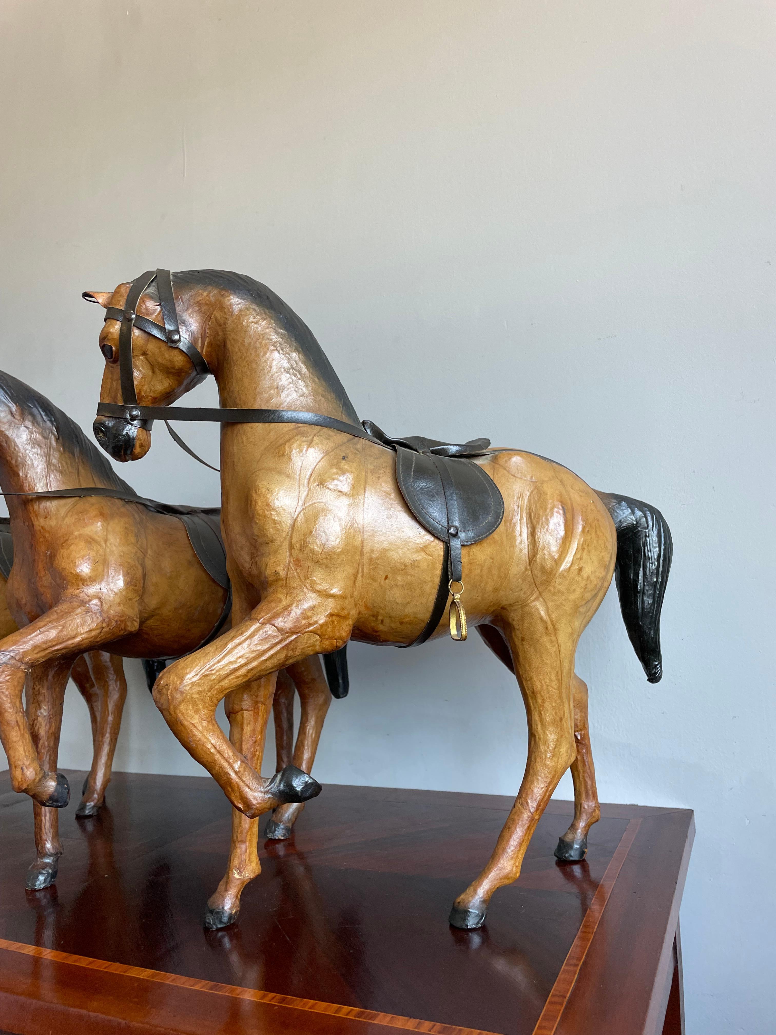 Rare Set of 3 Midcentury Handmade Leather on Hand Carved Wood Dressage Horses For Sale 7
