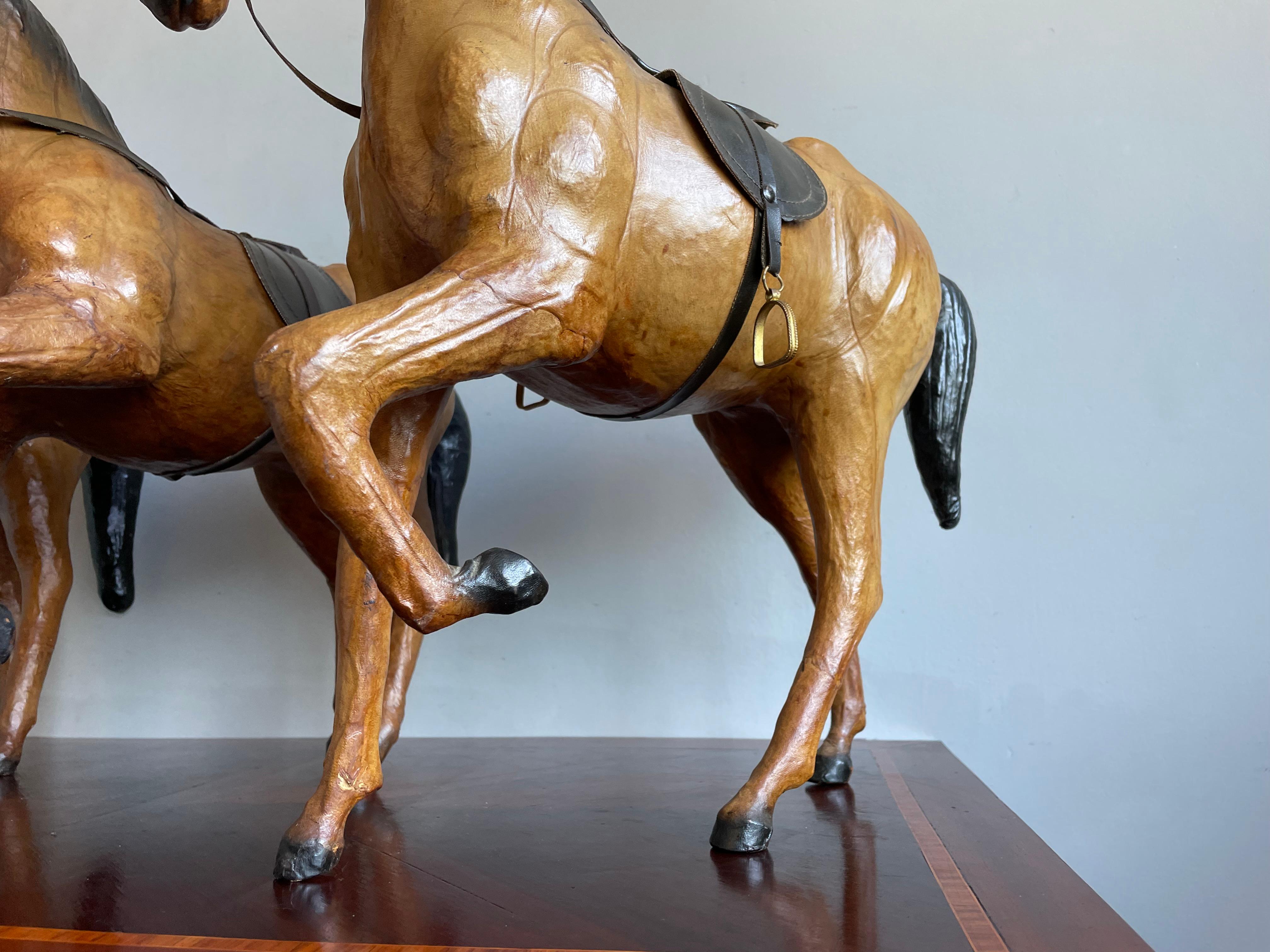 Rare Set of 3 Midcentury Handmade Leather on Hand Carved Wood Dressage Horses For Sale 8