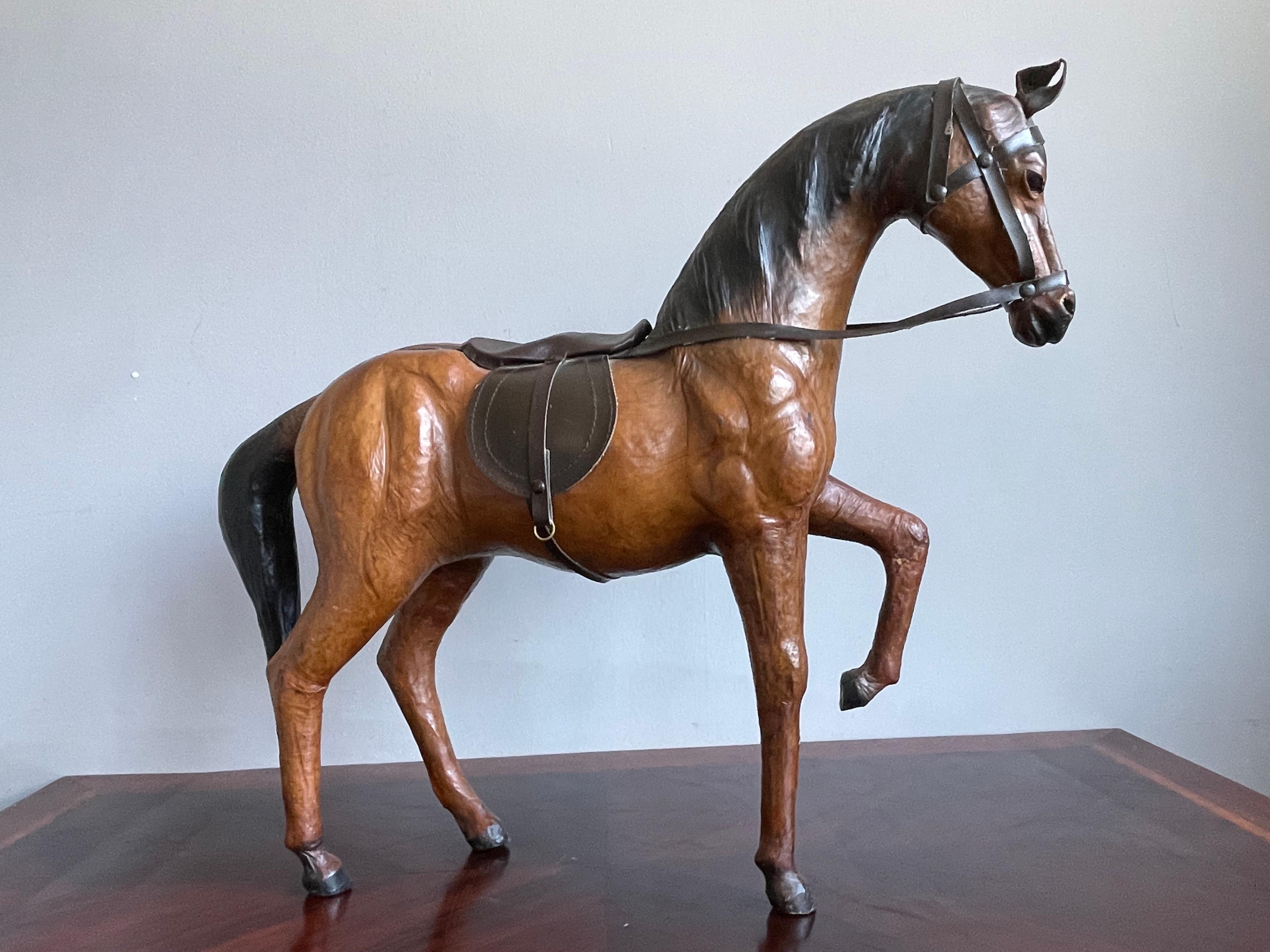 Rare Set of 3 Midcentury Handmade Leather on Hand Carved Wood Dressage Horses For Sale 10