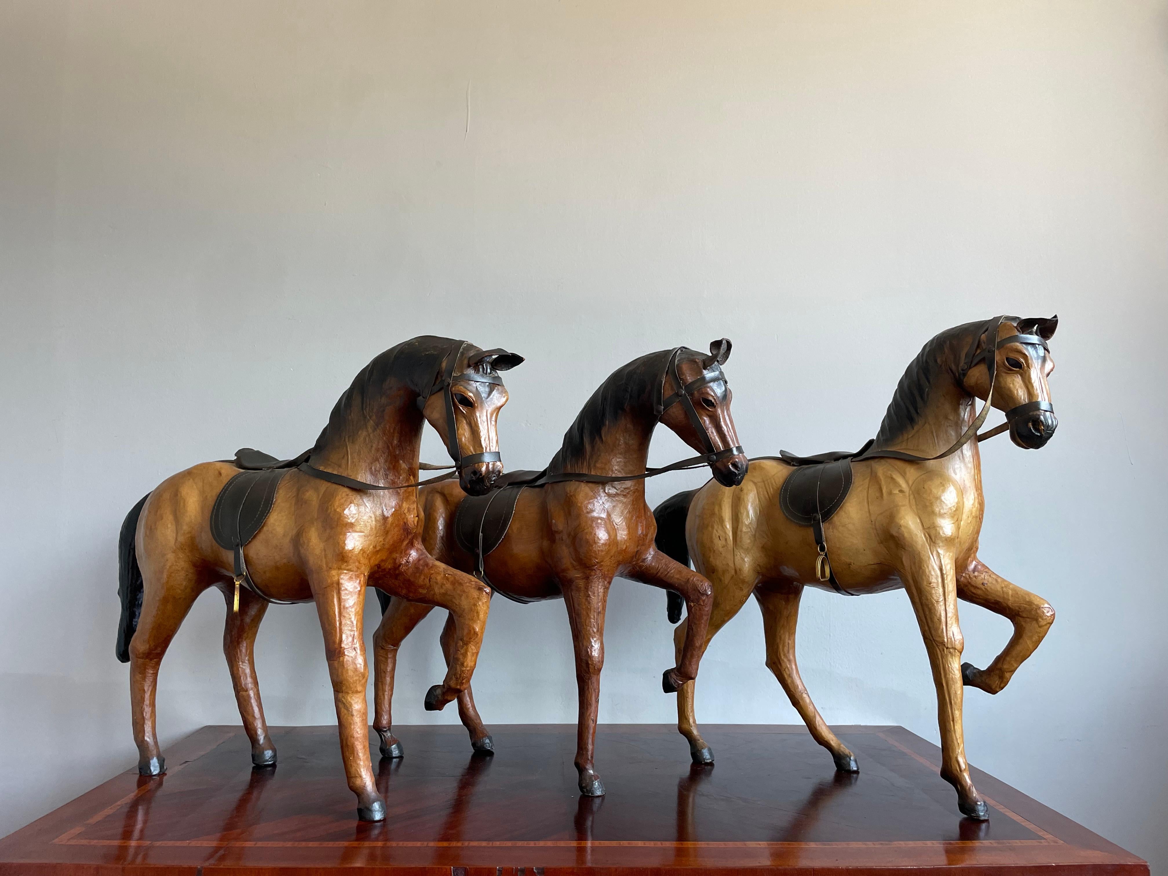 Patinated Rare Set of 3 Midcentury Handmade Leather on Hand Carved Wood Dressage Horses For Sale