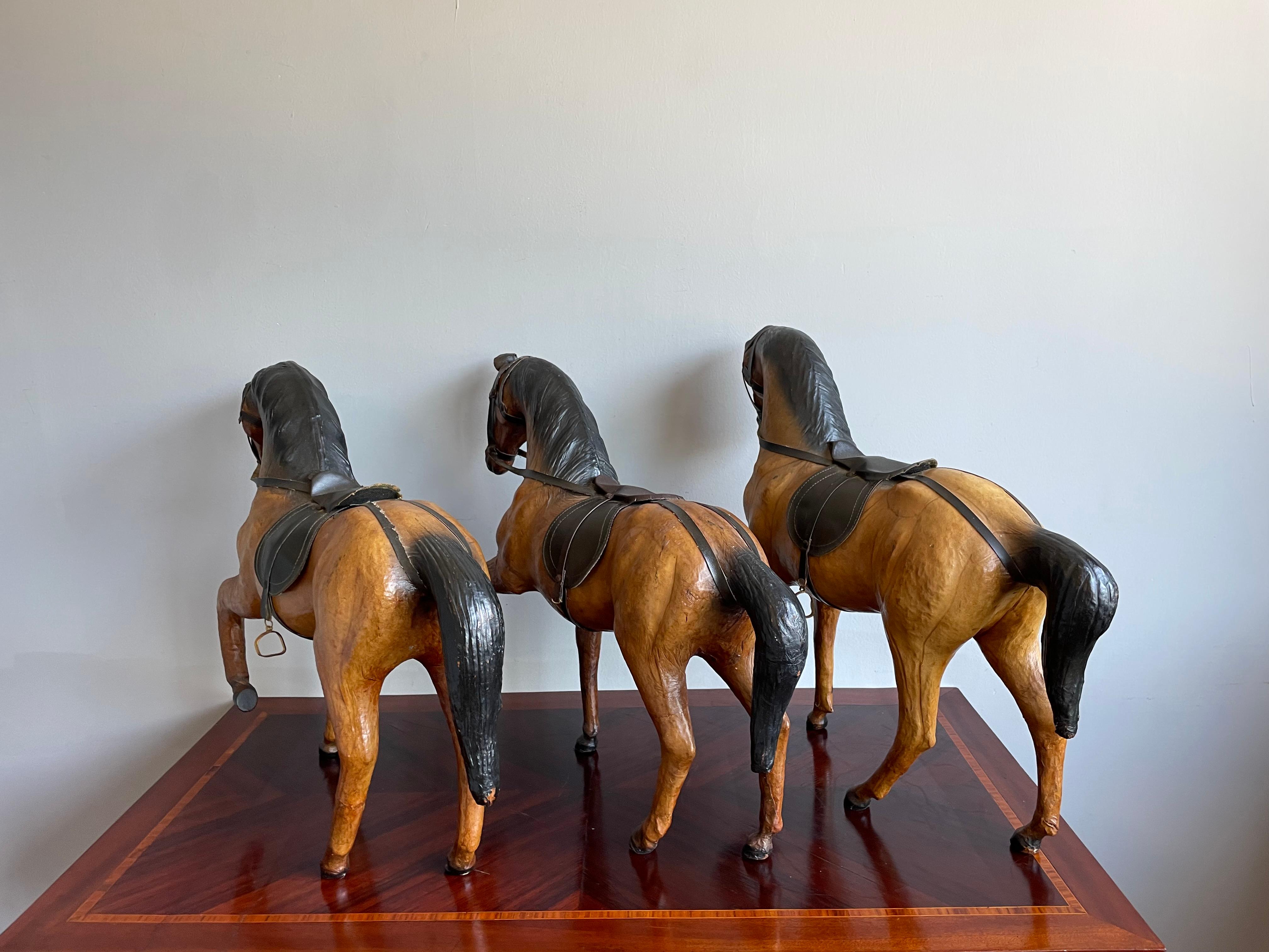 20th Century Rare Set of 3 Midcentury Handmade Leather on Hand Carved Wood Dressage Horses For Sale