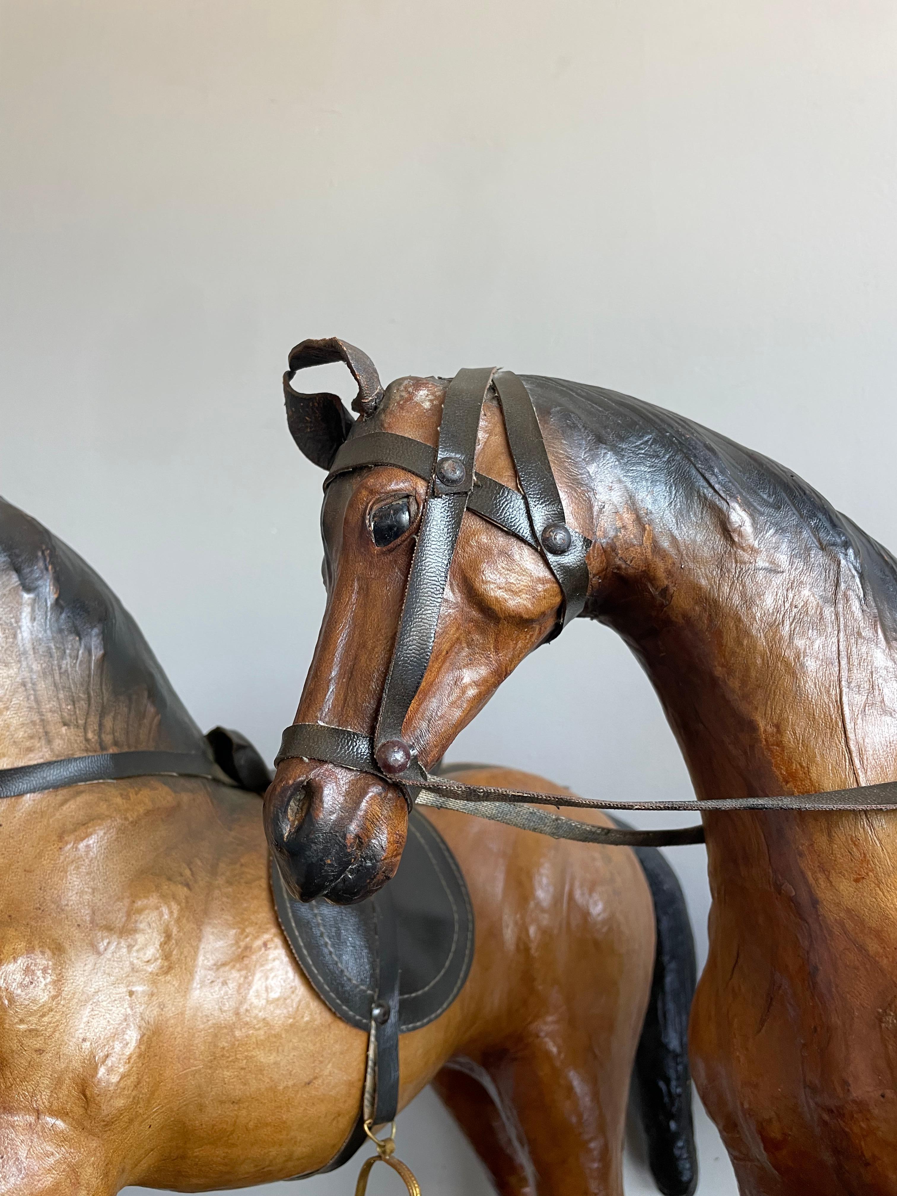 Rare Set of 3 Midcentury Handmade Leather on Hand Carved Wood Dressage Horses For Sale 3