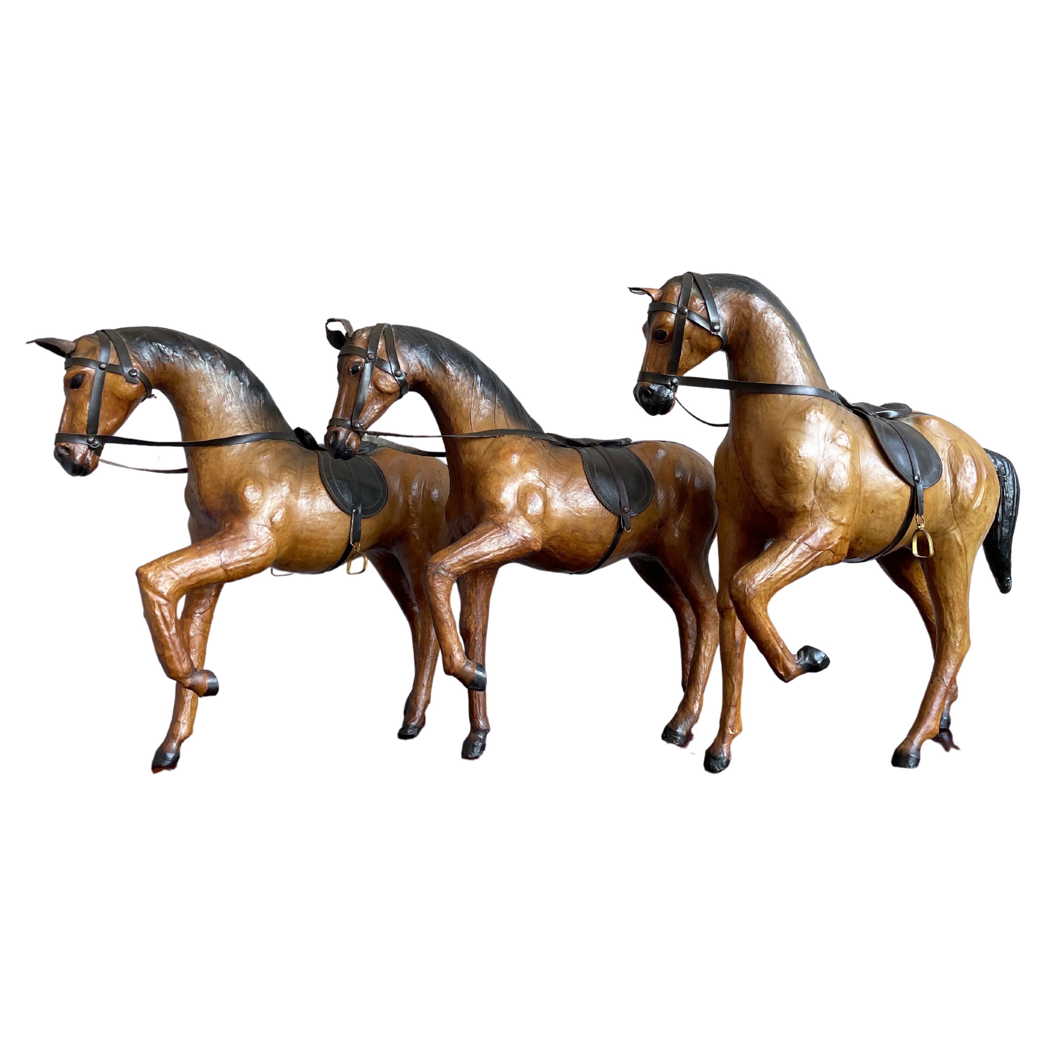 Rare Set of 3 Midcentury Handmade Leather on Hand Carved Wood Dressage Horses For Sale