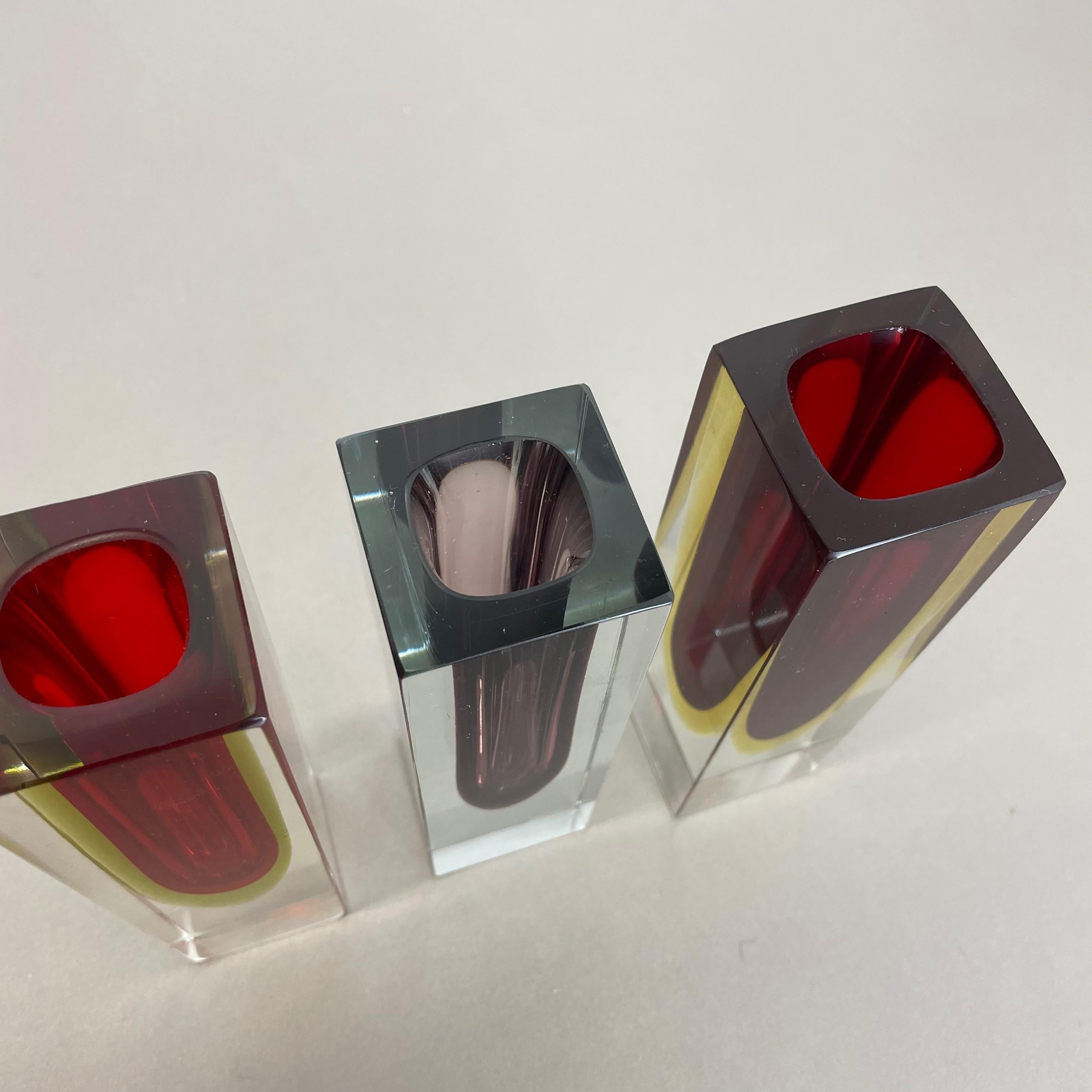 Rare Set of 3 Multicolor Faceted Murano Glass Sommerso Cube Vases, Italy, 1970s For Sale 6