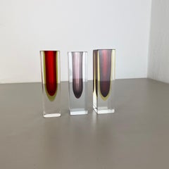 Rare Set of 3 Multicolor Faceted Murano Glass Sommerso Cube Vases, Italy, 1970s