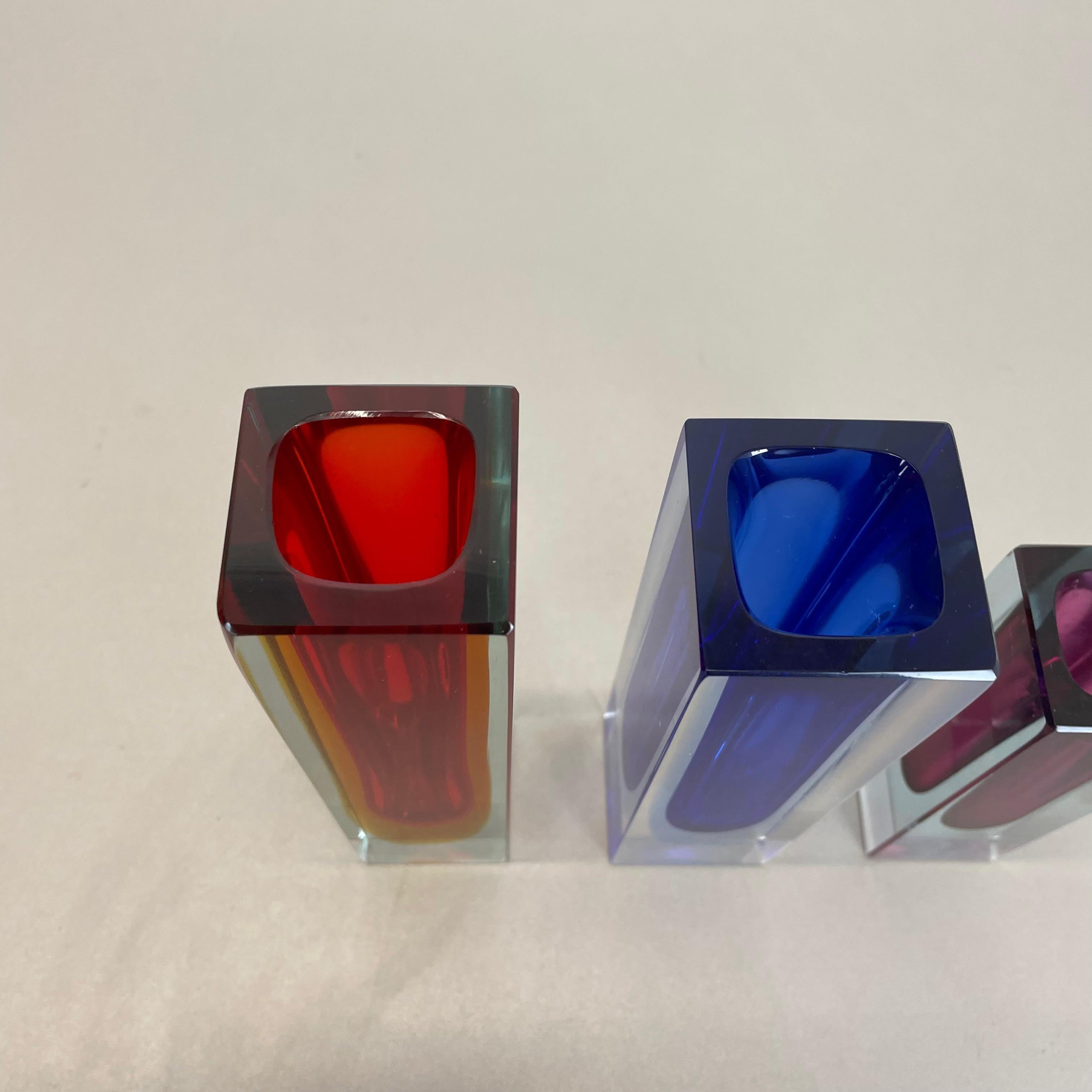 Italian Rare Set of 3 Multicolor Faceted Murano Glass Sommerso Cube Vases, Italy, 1970s For Sale
