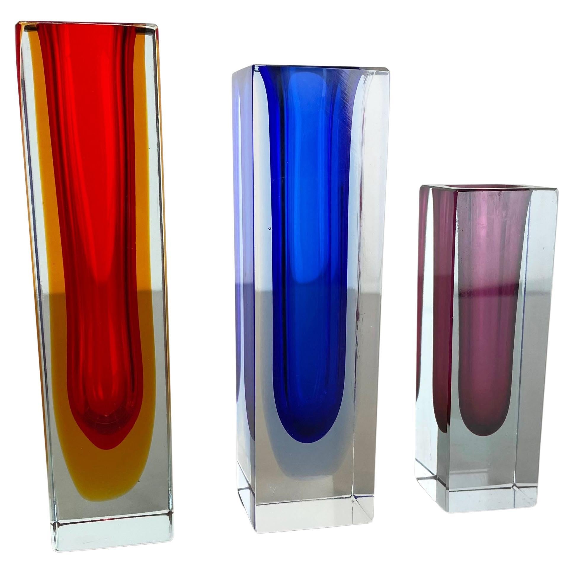 Rare Set of 3 Multicolor Faceted Murano Glass Sommerso Cube Vases, Italy, 1970s