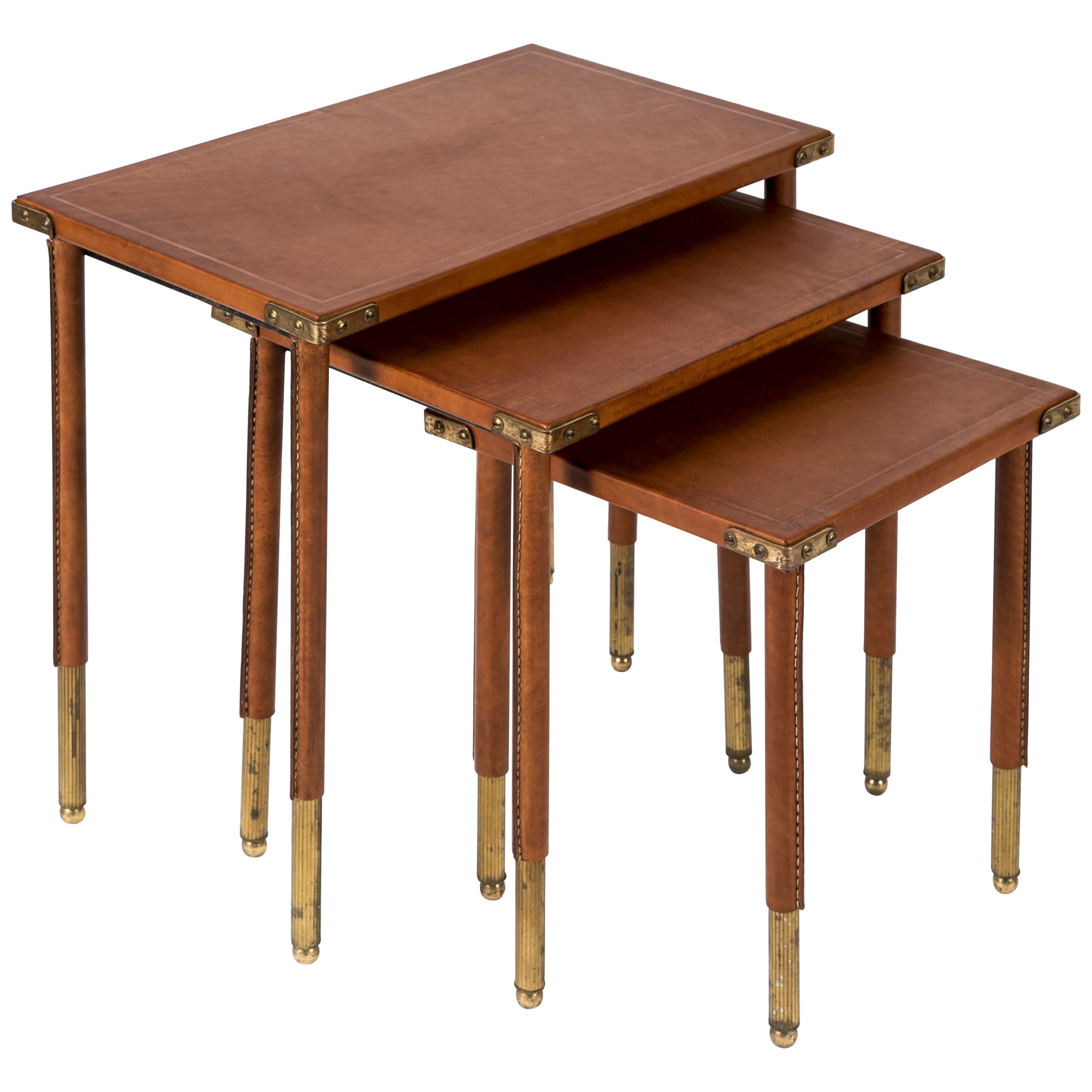 Rare Set of 3 Nesting Tables in Stitched Leather by Jacques Adnet