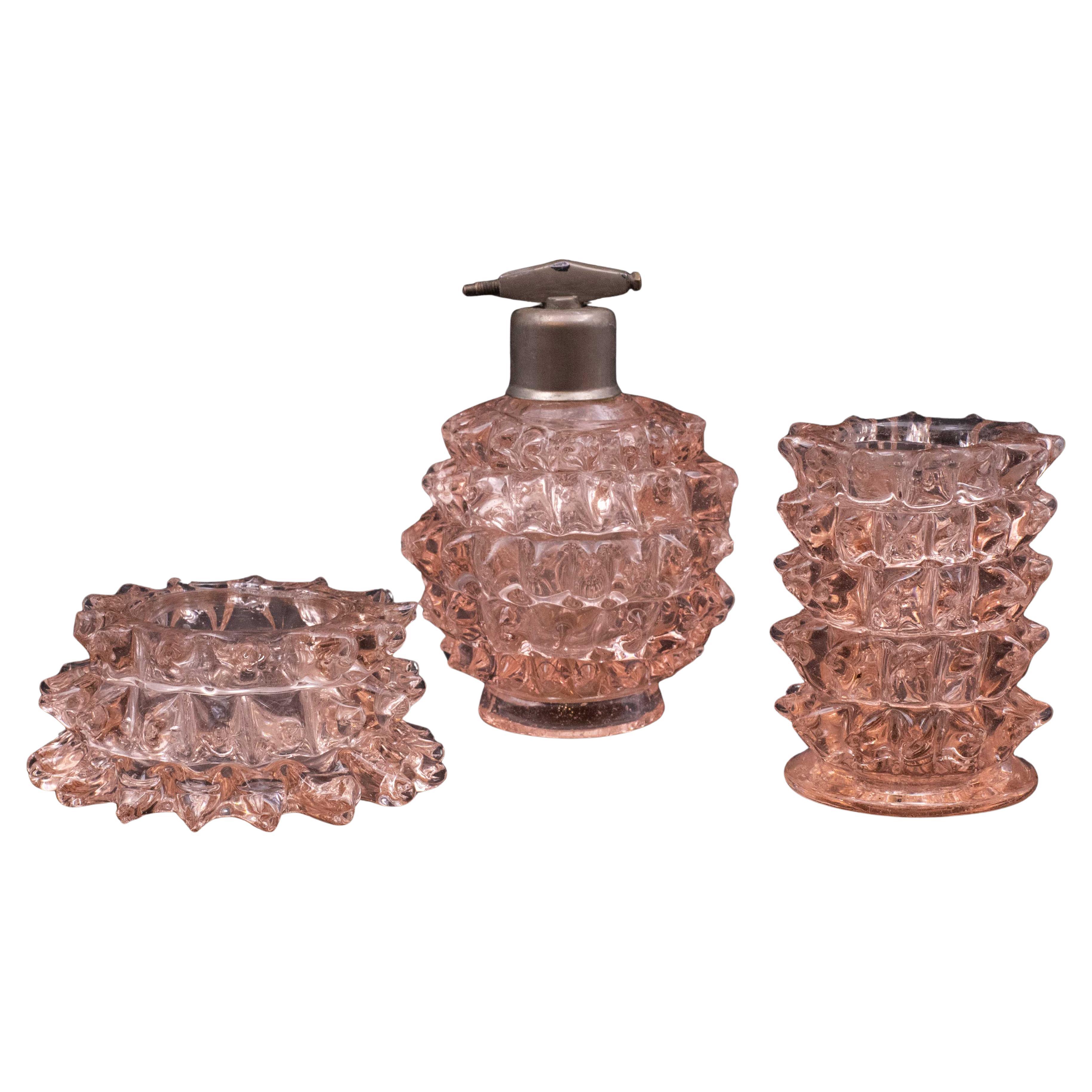 Seltener Satz von 3 Vasen aus rosafarbenem Murano-Rostrato-Glas von Barovier & Toso, 1940er Jahre