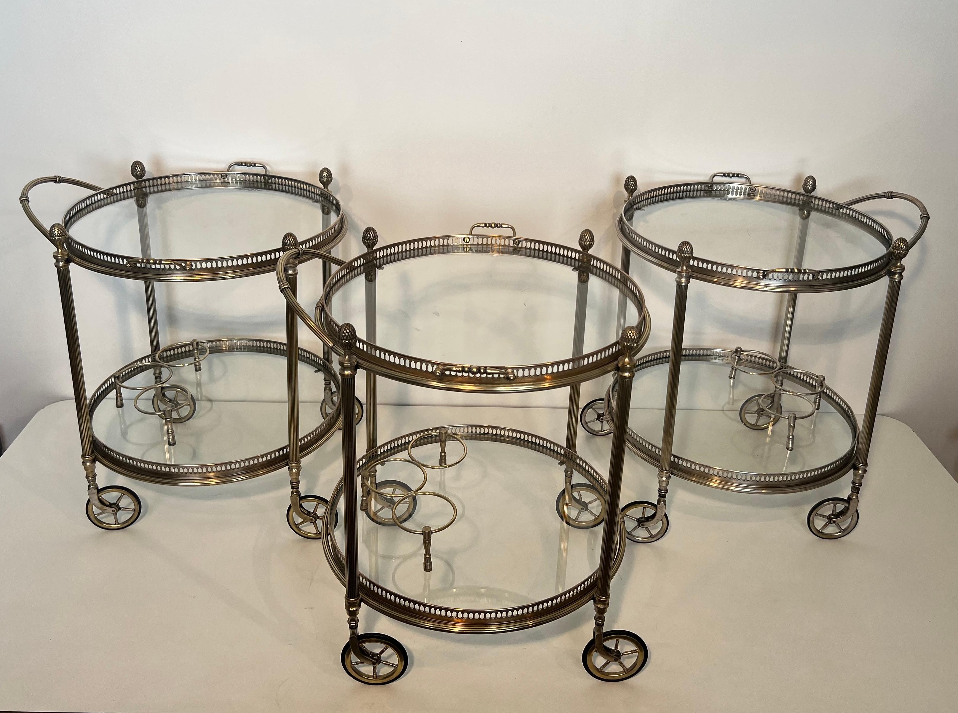 Rare Set of 3 Round Silvered Brass Drinks Trolley by Maison Bagués 6