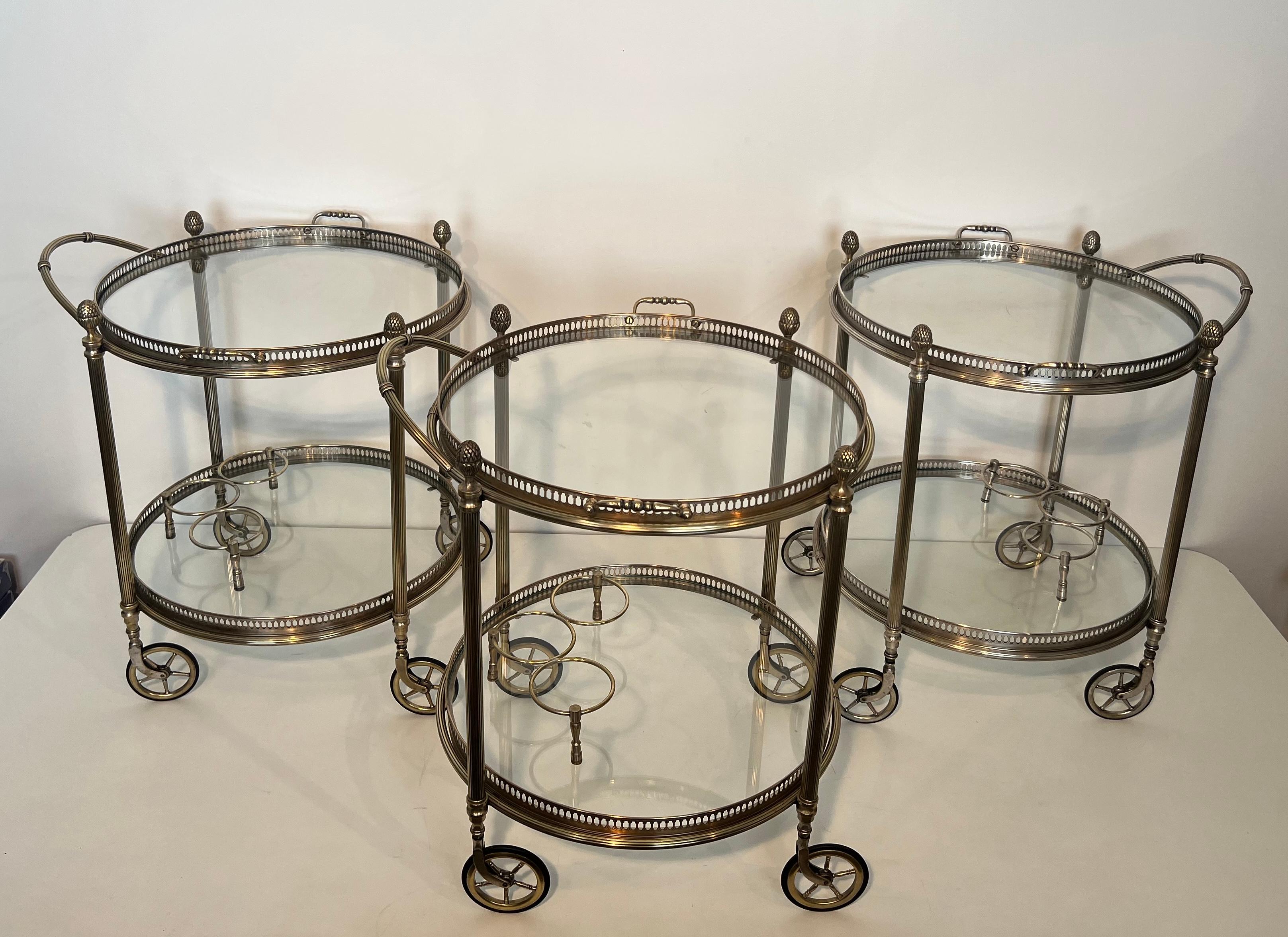 Rare Set of 3 Round Silvered Brass Drinks Trolley by Maison Bagués 14