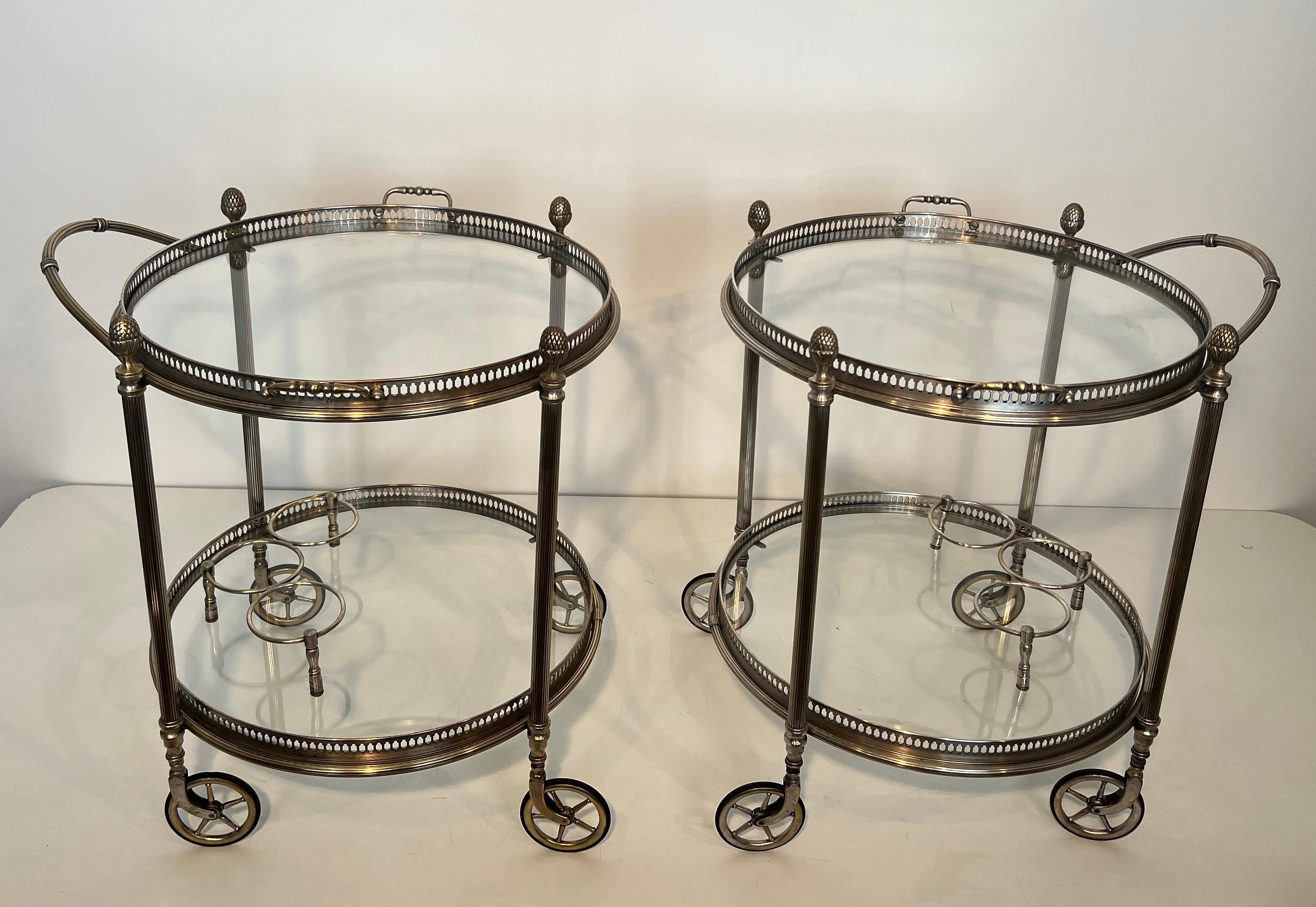 Neoclassical Rare Set of 3 Round Silvered Brass Drinks Trolley by Maison Bagués