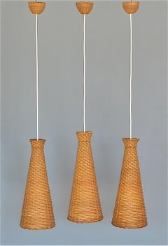 Rare Set of 3 Woven Rattan Wicker Pendant Lamps Swedish 1960s Mid-Century Modern