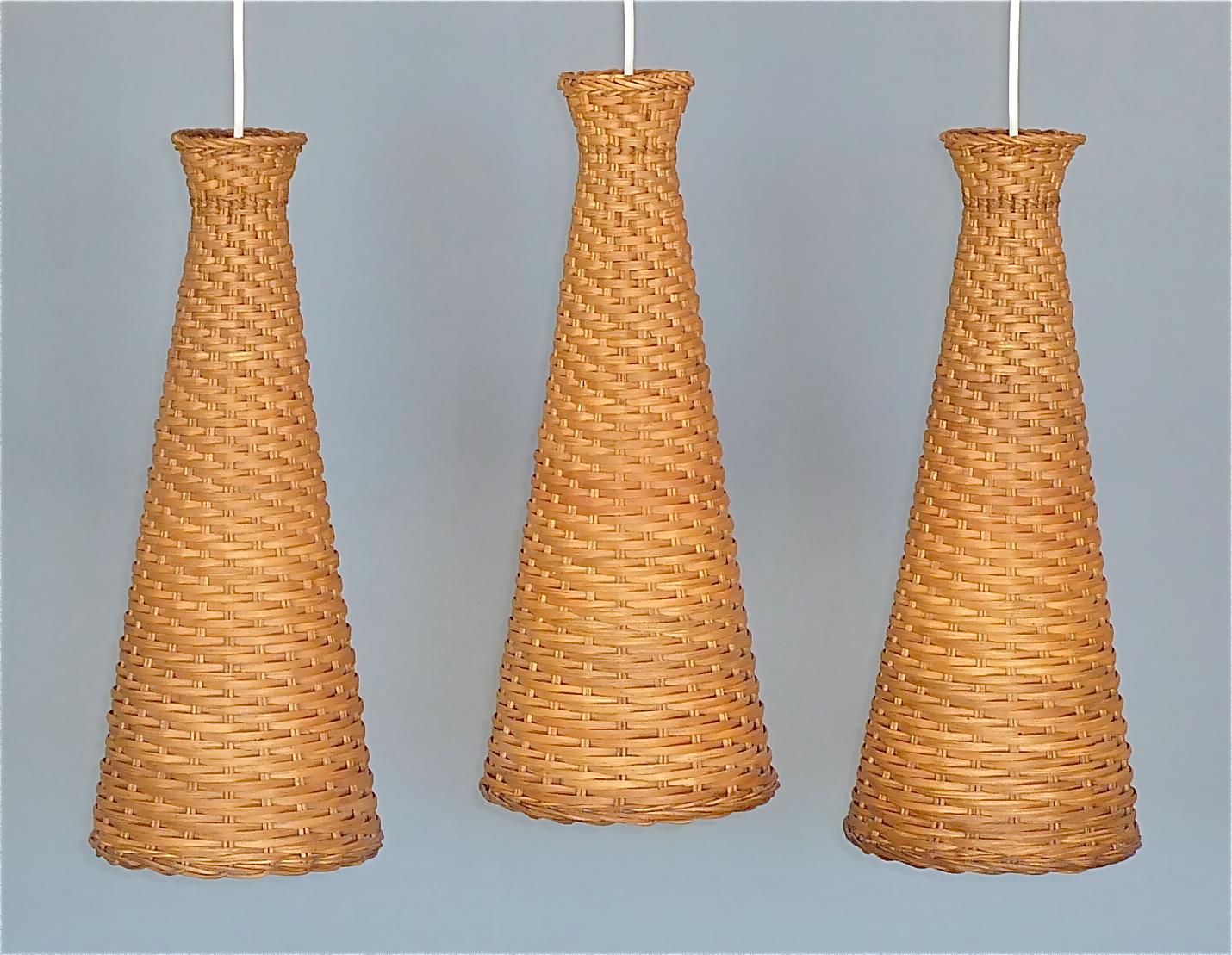 Scandinavian Modern Rare Set of 3 Woven Rattan Wicker Pendant Lamps Swedish 1960s Mid-Century Modern For Sale
