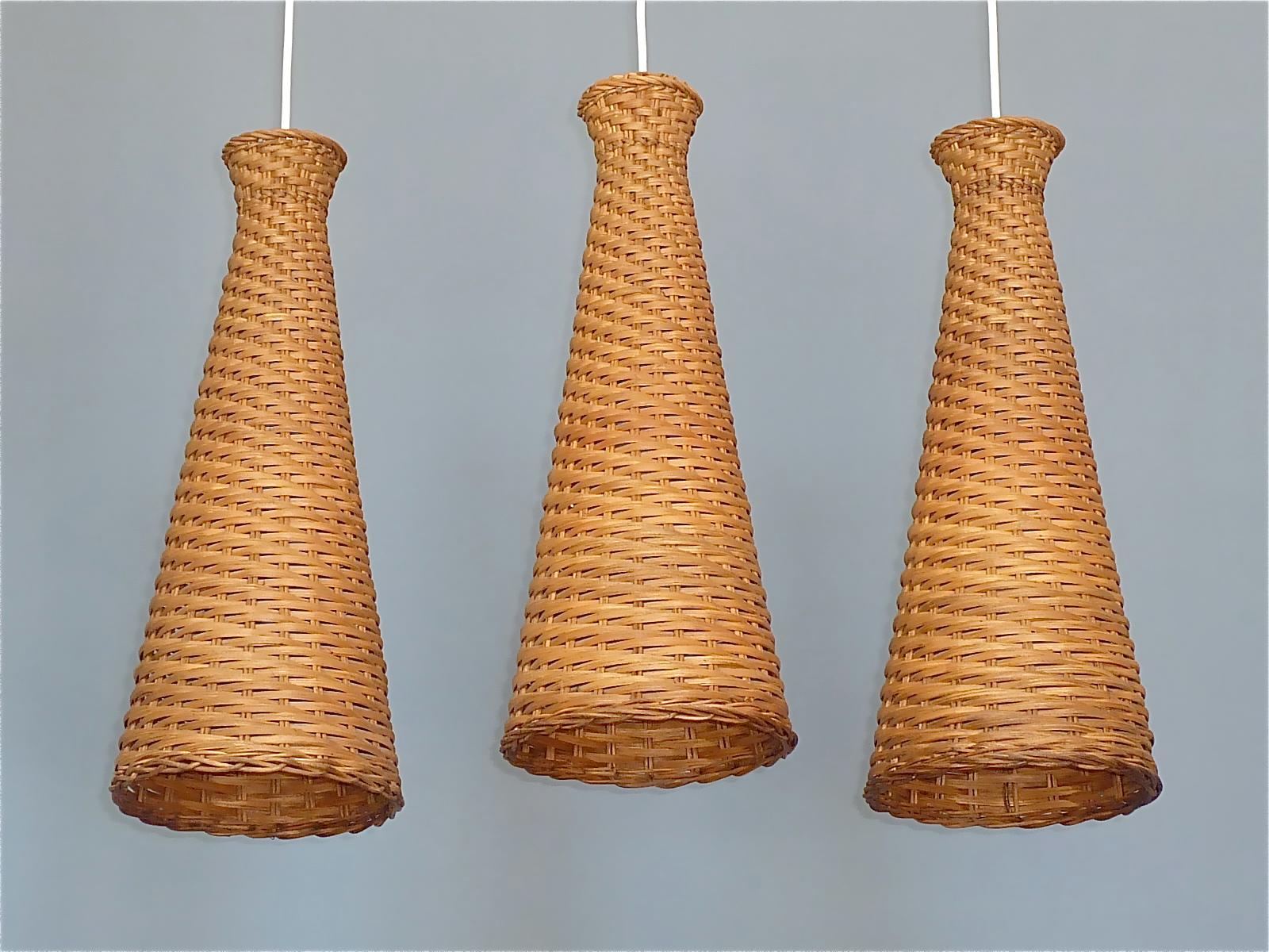 Hand-Woven Rare Set of 3 Woven Rattan Wicker Pendant Lamps Swedish 1960s Mid-Century Modern For Sale