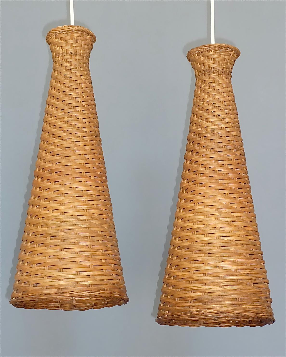 Mid-20th Century Rare Set of 3 Woven Rattan Wicker Pendant Lamps Swedish 1960s Mid-Century Modern For Sale