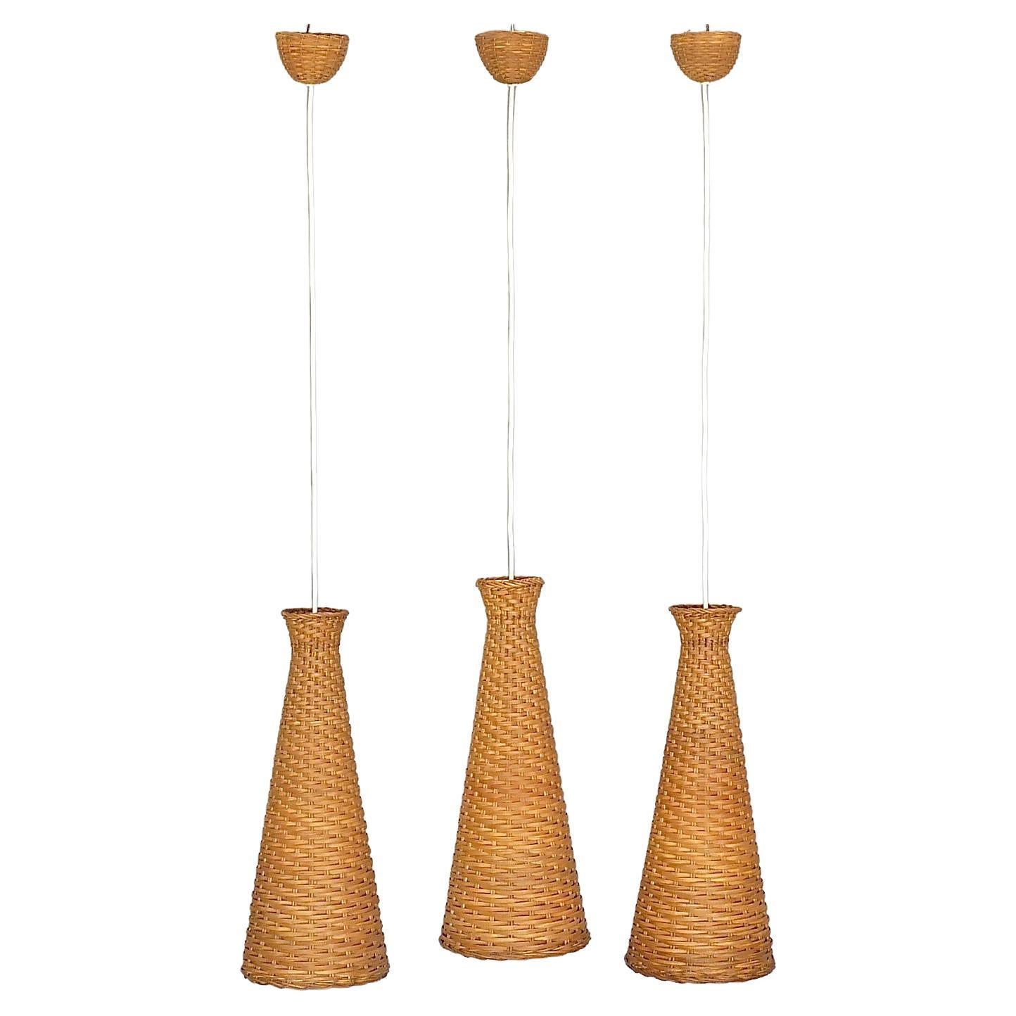 Rare Set of 3 Woven Rattan Wicker Pendant Lamps Swedish 1960s Mid-Century Modern For Sale