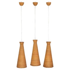 Rare Set of 3 Woven Rattan Wicker Pendant Lamps Swedish 1960s Mid-Century Modern