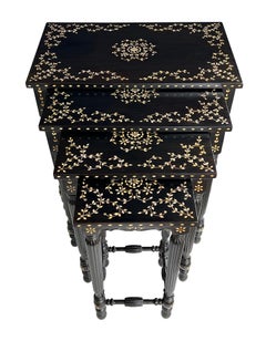 Rare Set of 4 Anglo Indian Inlaid and Ebonized Wood Nesting Tables