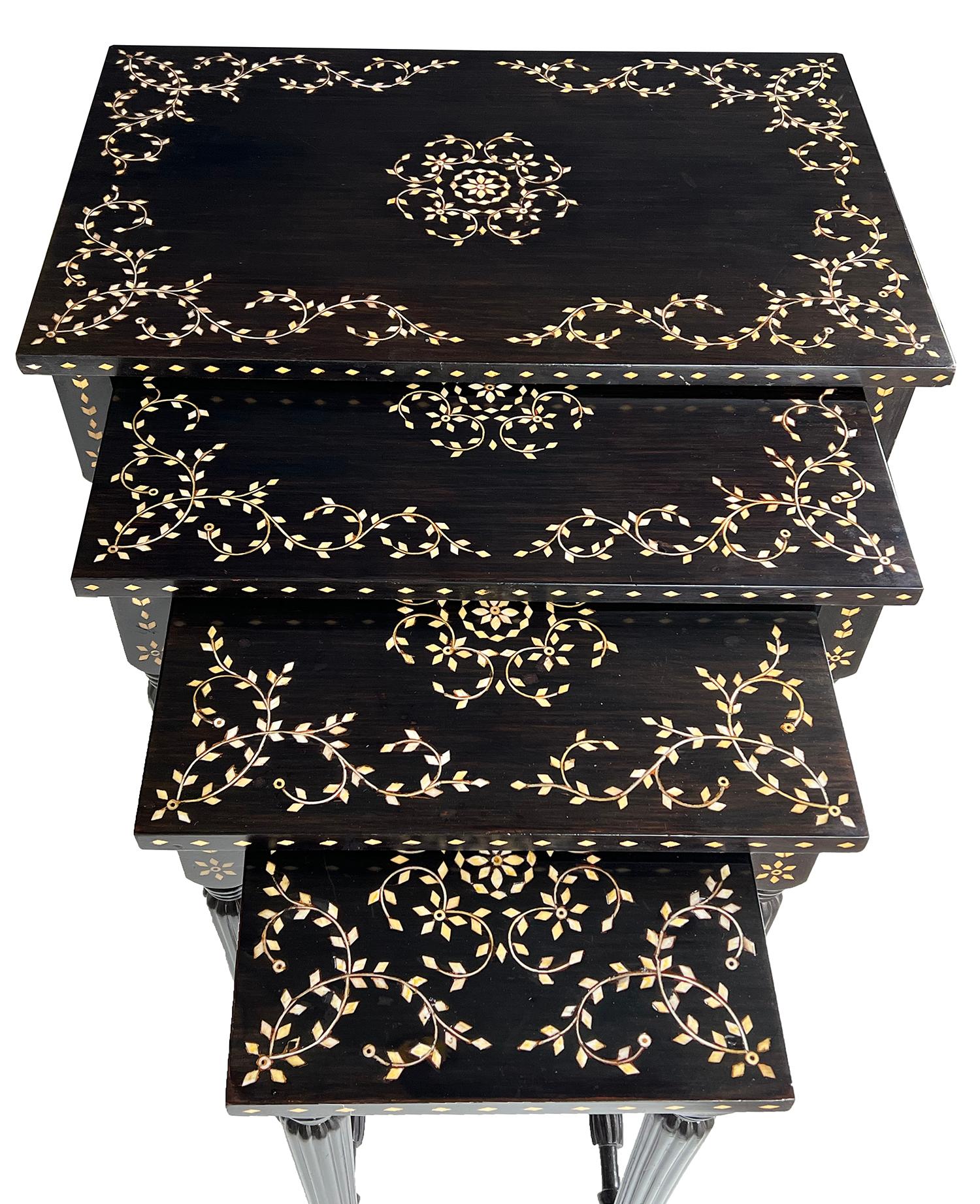 Anglo-Indian Rare Set of 4 Anglo Indian Inlaid and Ebonized Wood Nesting Tables