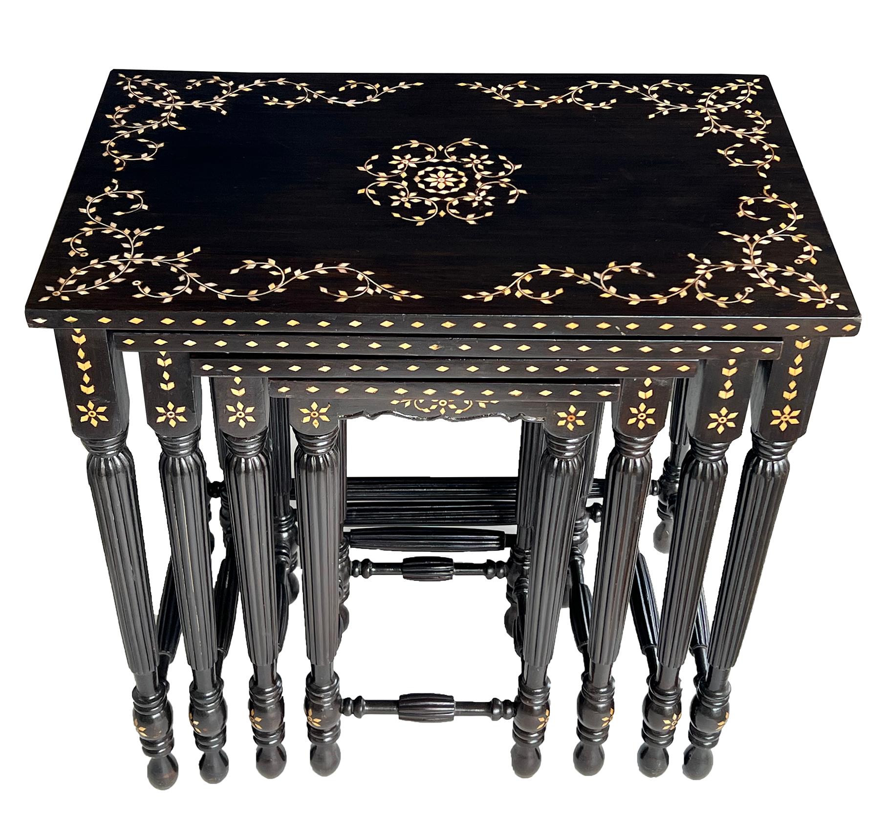 20th Century Rare Set of 4 Anglo Indian Inlaid and Ebonized Wood Nesting Tables