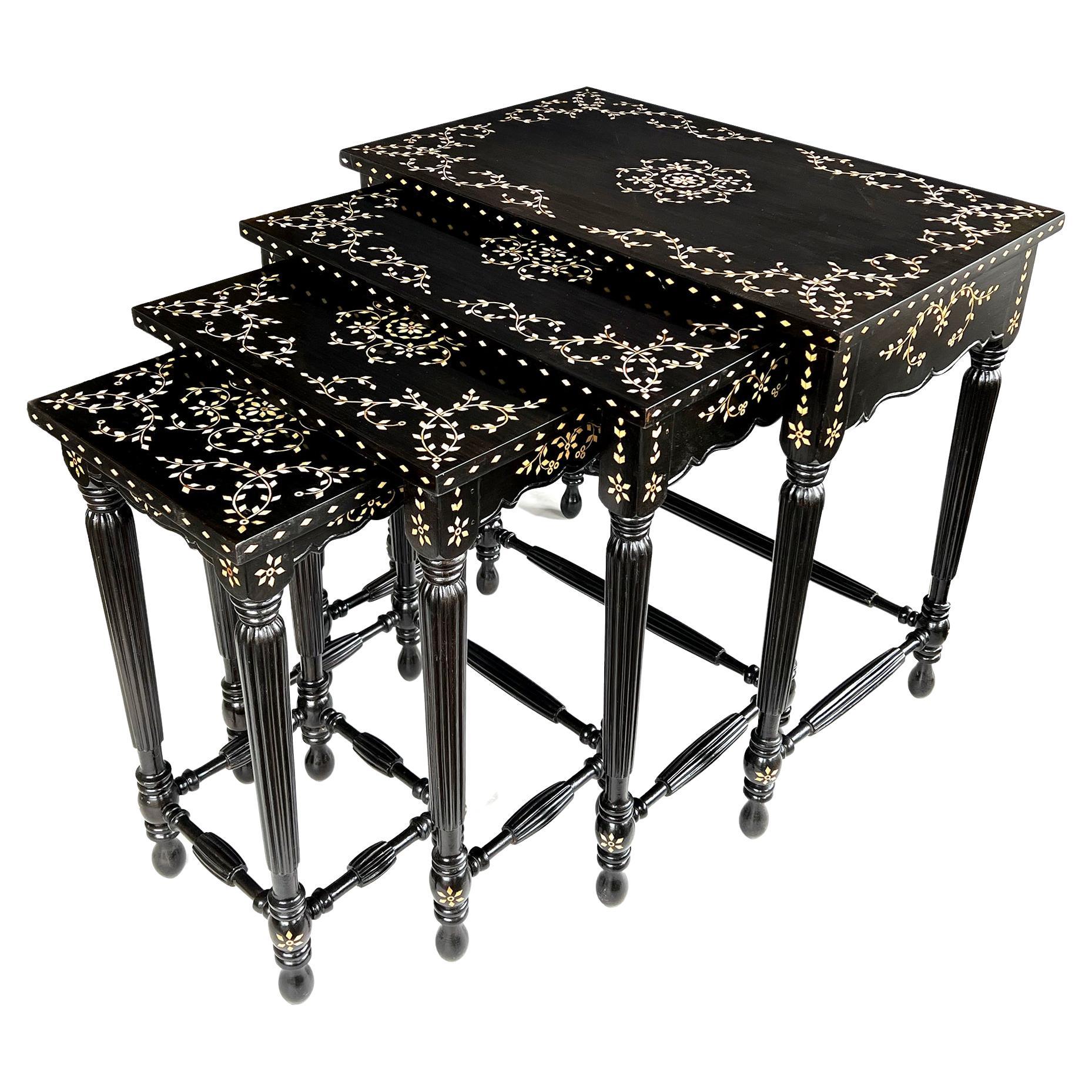 Rare Set of 4 Anglo Indian Inlaid and Ebonized Wood Nesting Tables