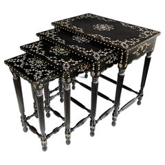 Rare Set of 4 Anglo Indian Inlaid and Ebonized Wood Nesting Tables