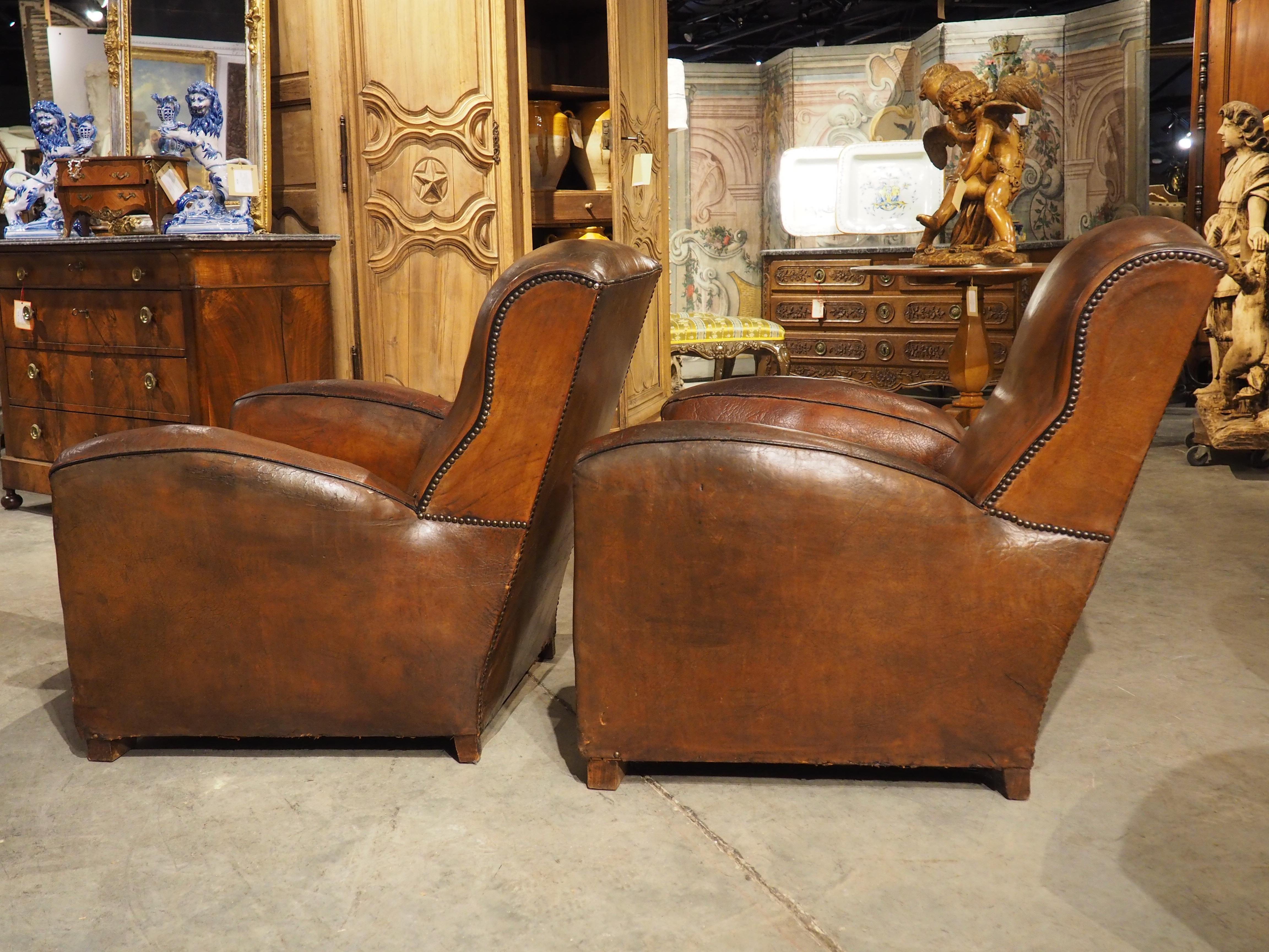 Rare Set of 4 Antique French Leather Club Chairs, Circa 1920s 4