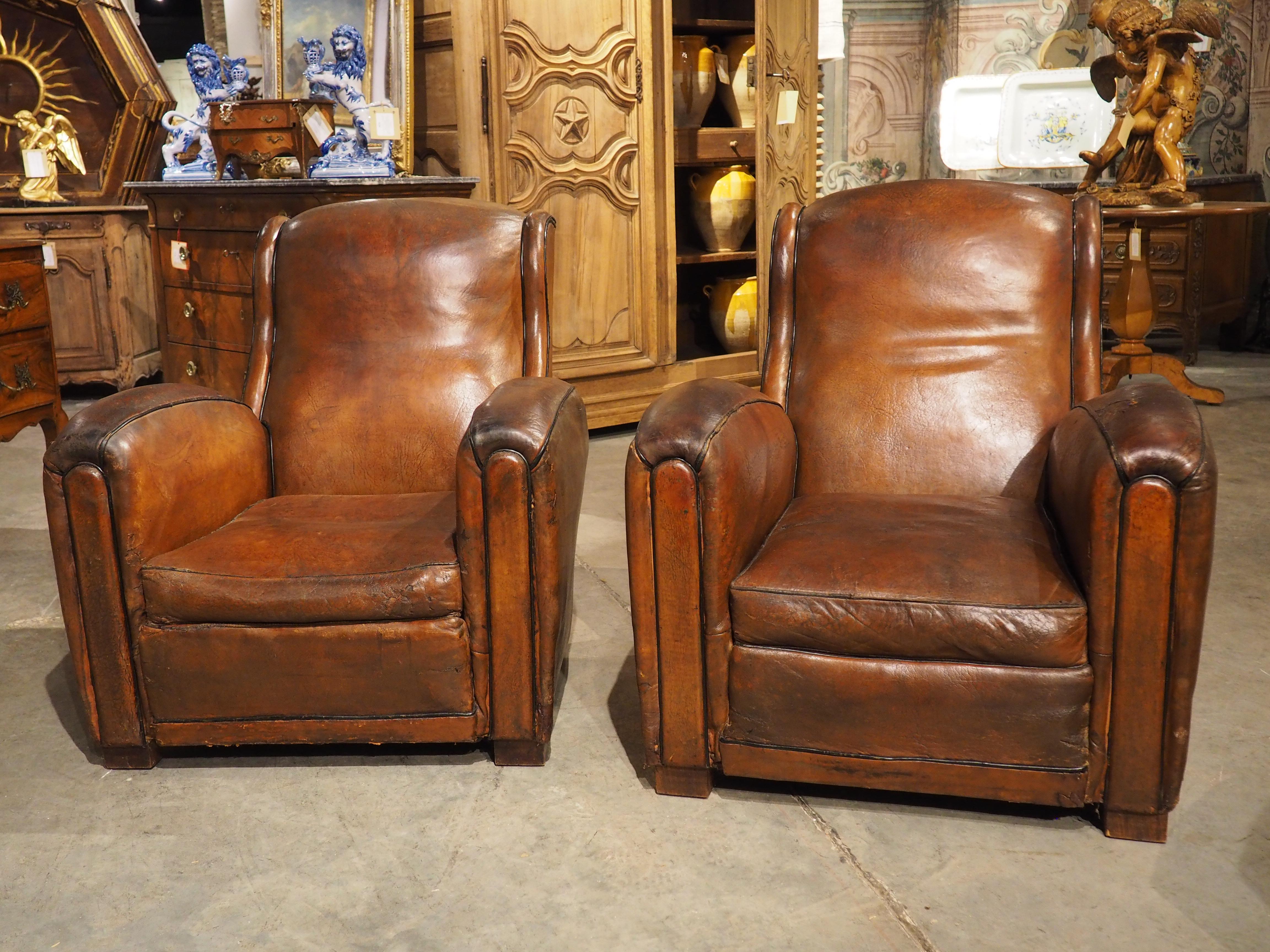 Rare Set of 4 Antique French Leather Club Chairs, Circa 1920s 5
