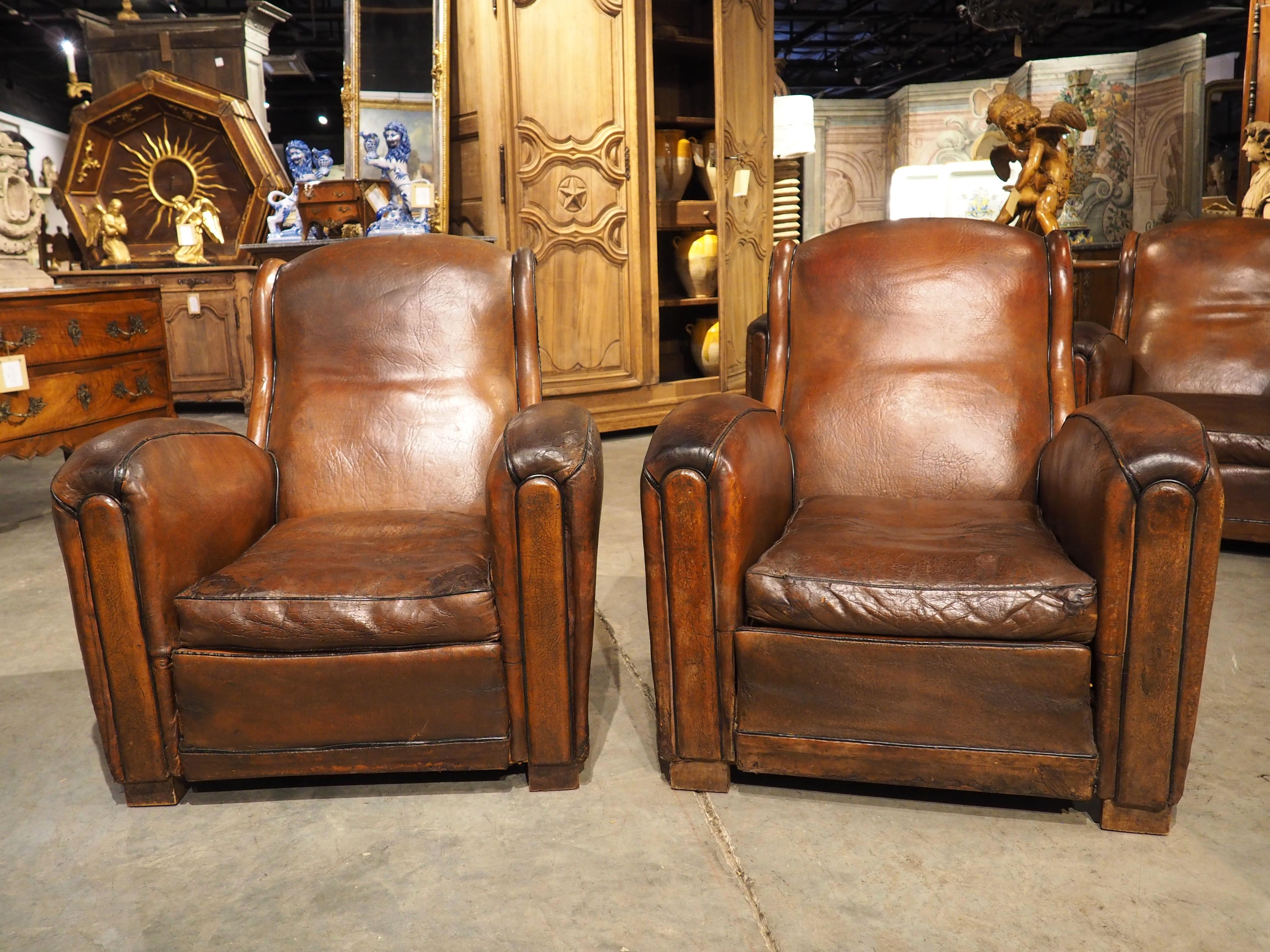 Rare Set of 4 Antique French Leather Club Chairs, Circa 1920s 6