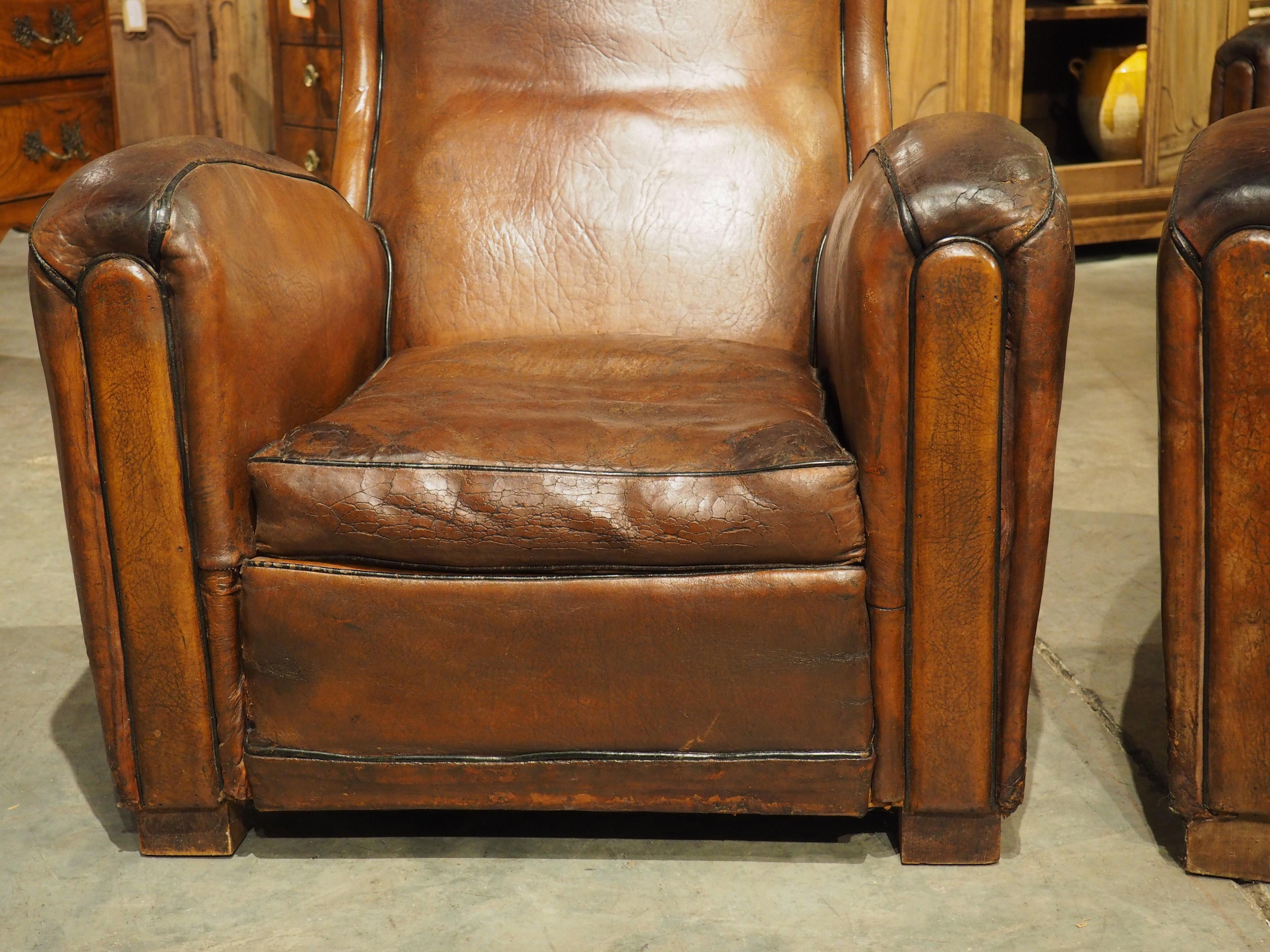 Rare Set of 4 Antique French Leather Club Chairs, Circa 1920s 7