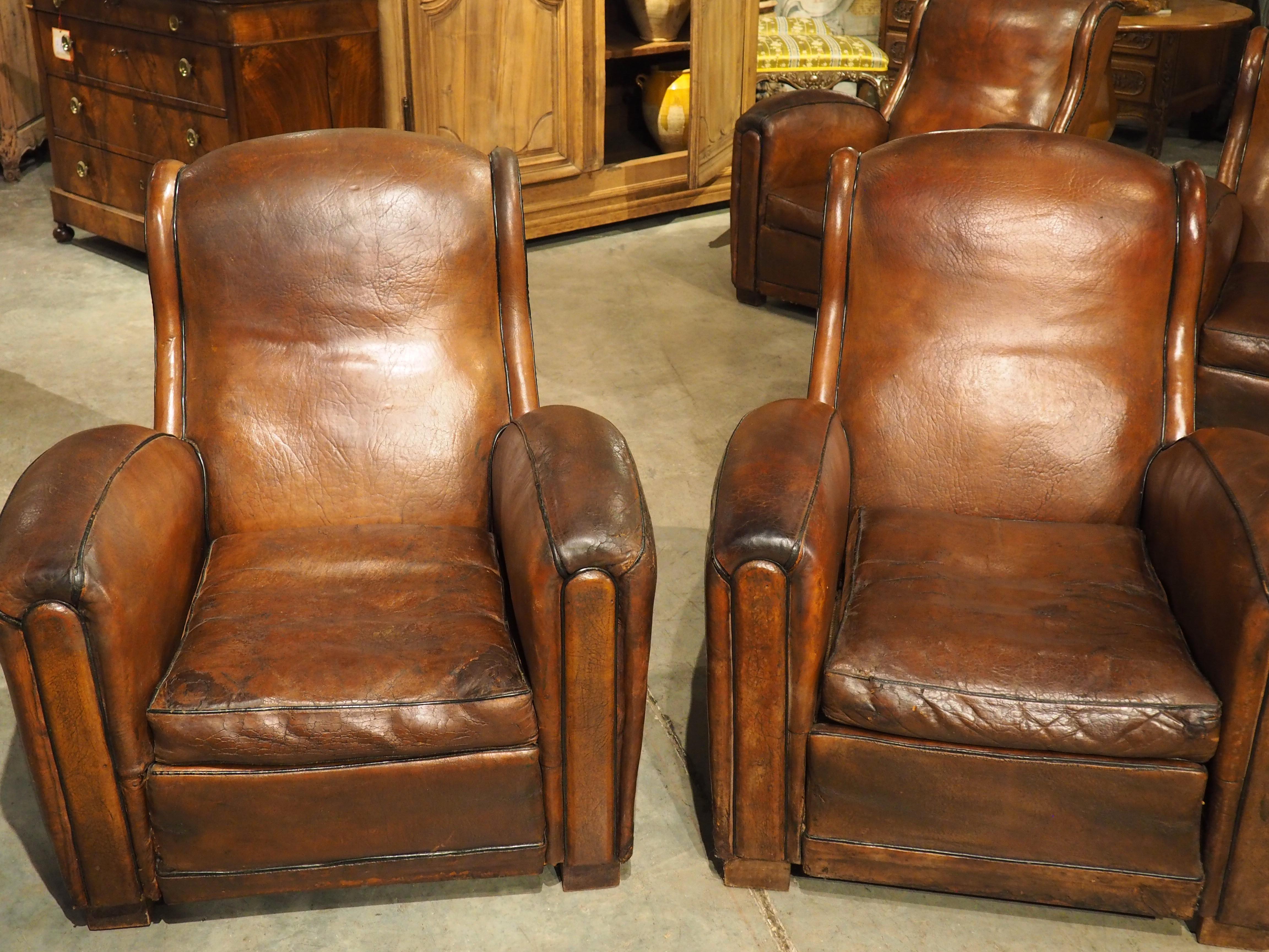Rare Set of 4 Antique French Leather Club Chairs, Circa 1920s 8