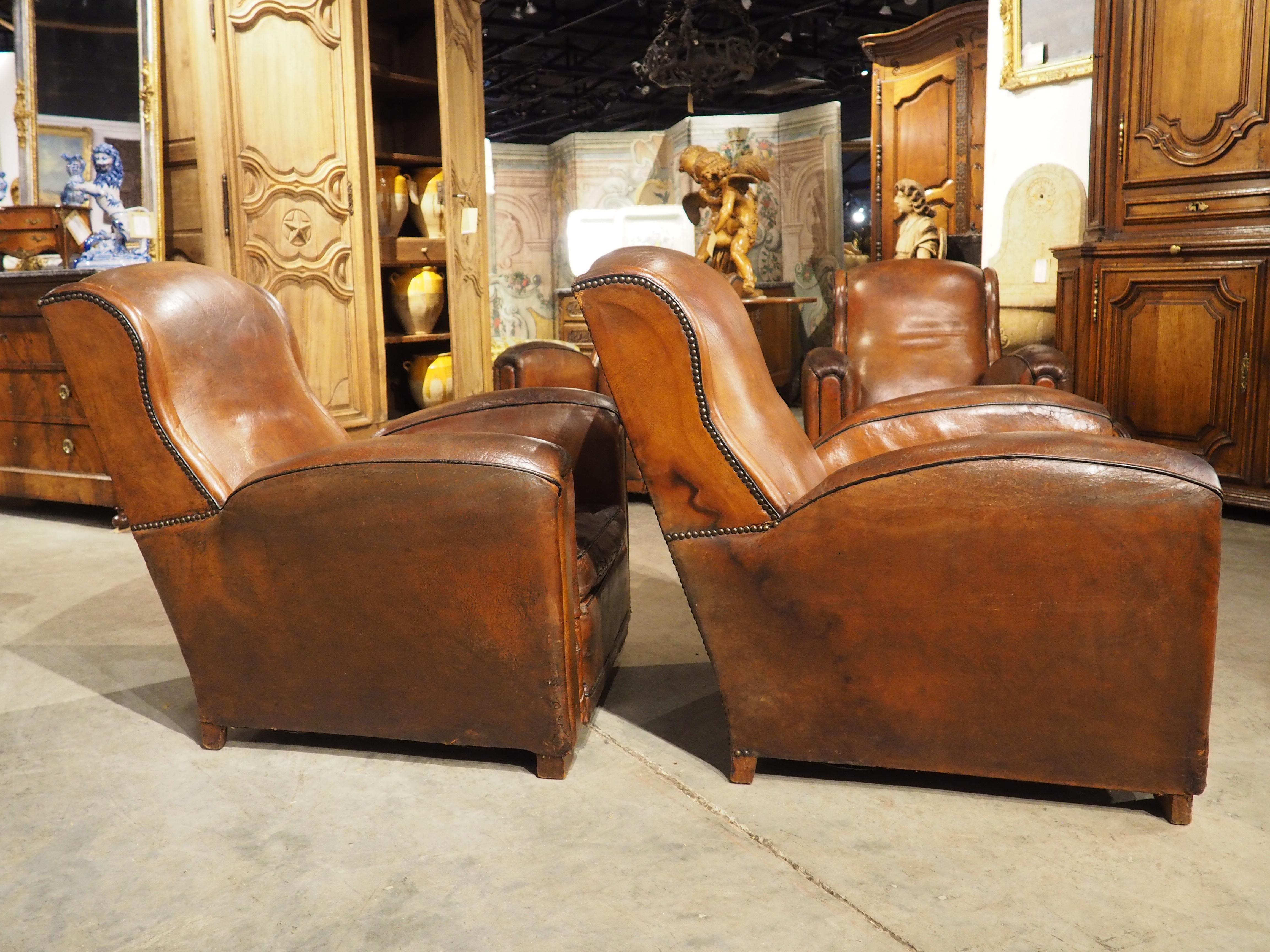 Rare Set of 4 Antique French Leather Club Chairs, Circa 1920s 9