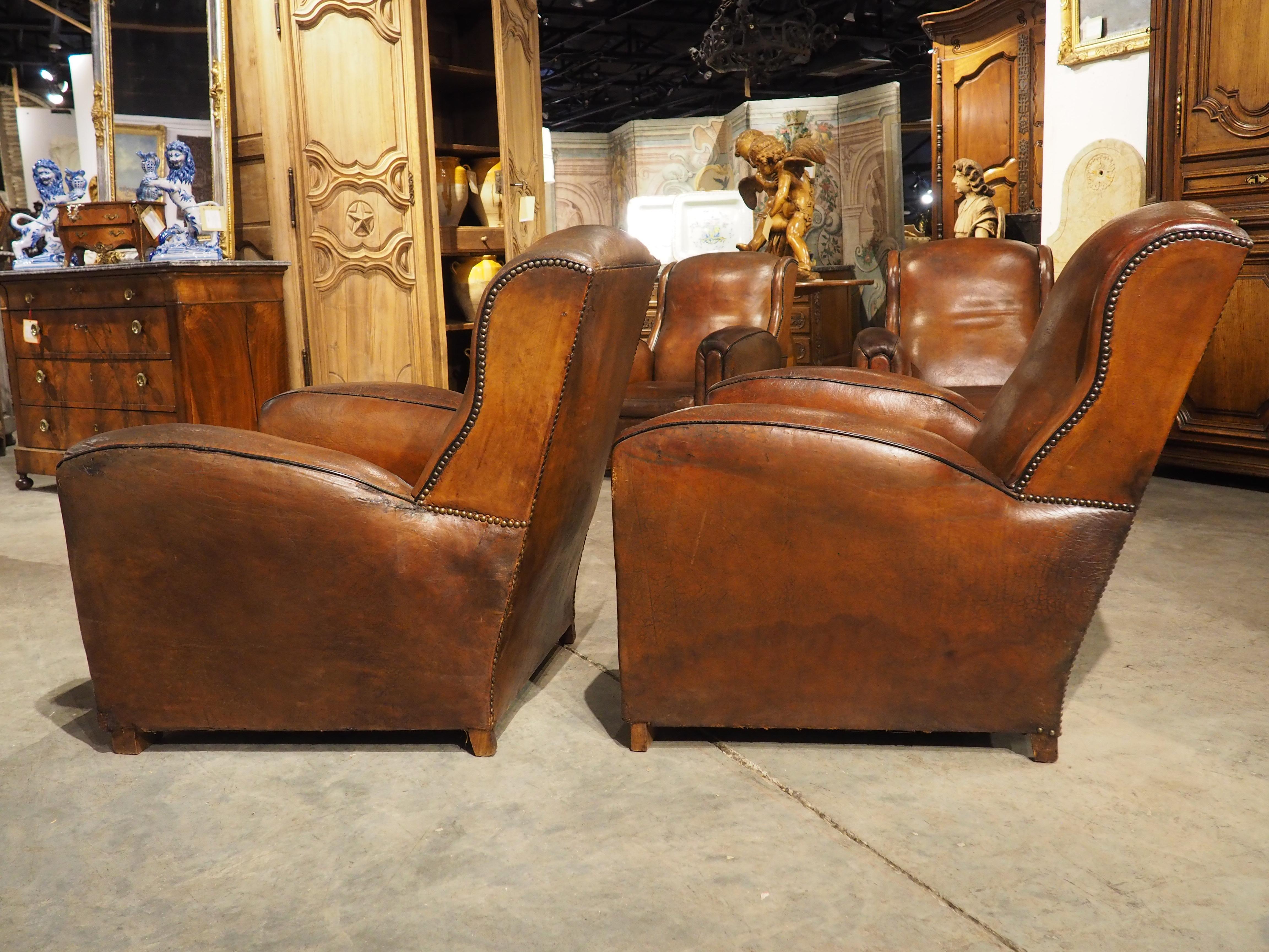 Rare Set of 4 Antique French Leather Club Chairs, Circa 1920s 11