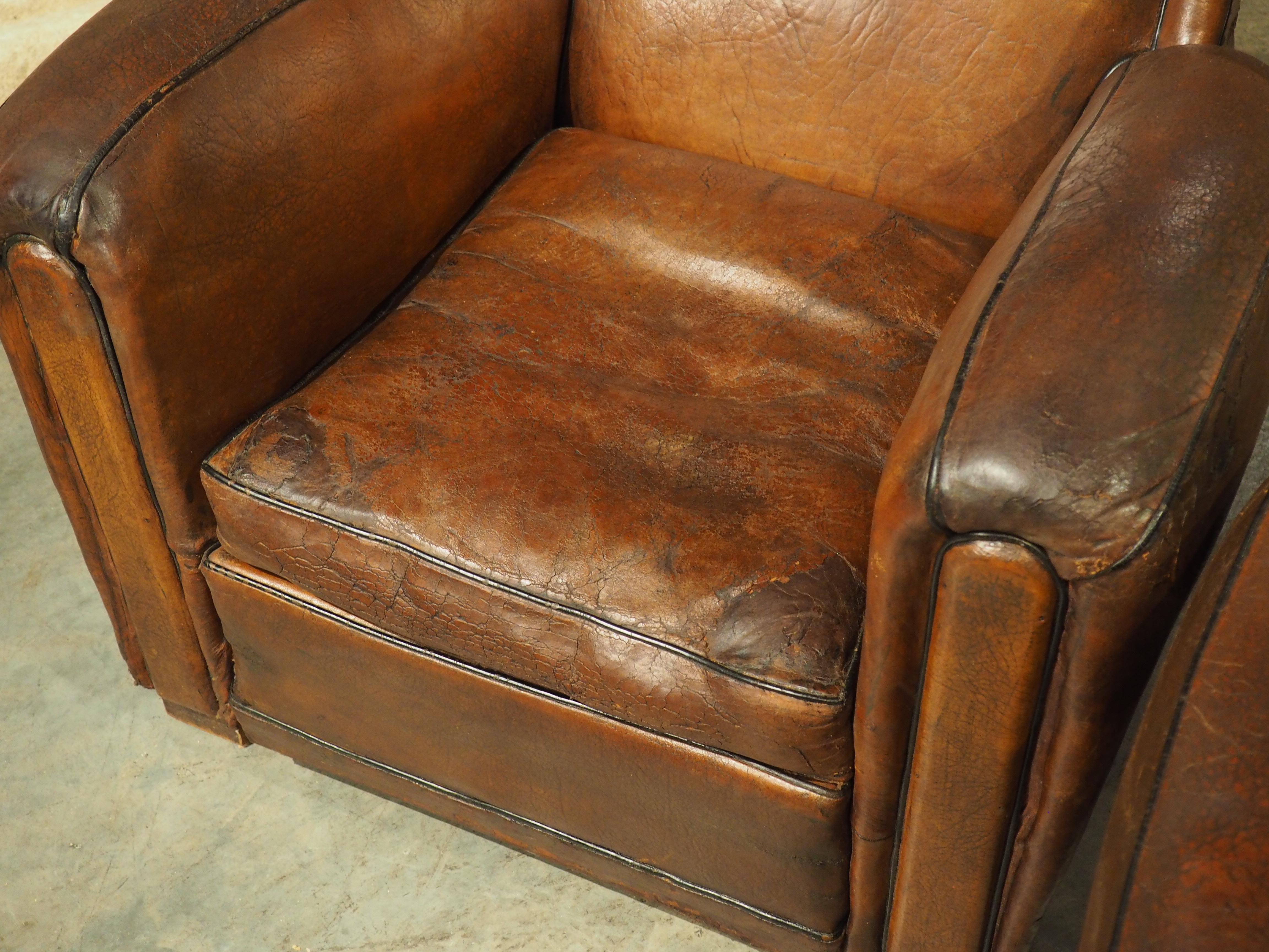 Rare Set of 4 Antique French Leather Club Chairs, Circa 1920s 13