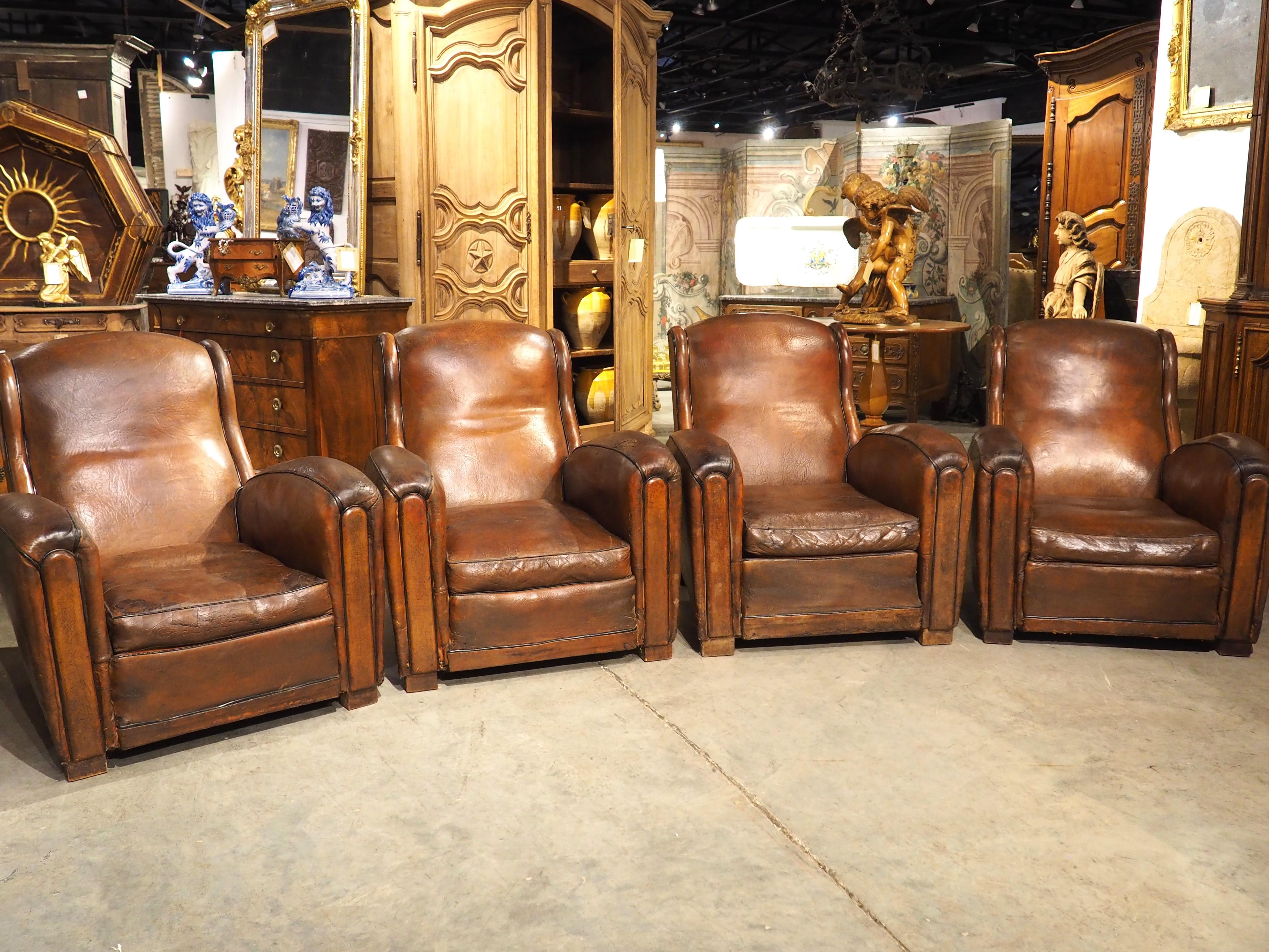 Rare Set of 4 Antique French Leather Club Chairs, Circa 1920s 14