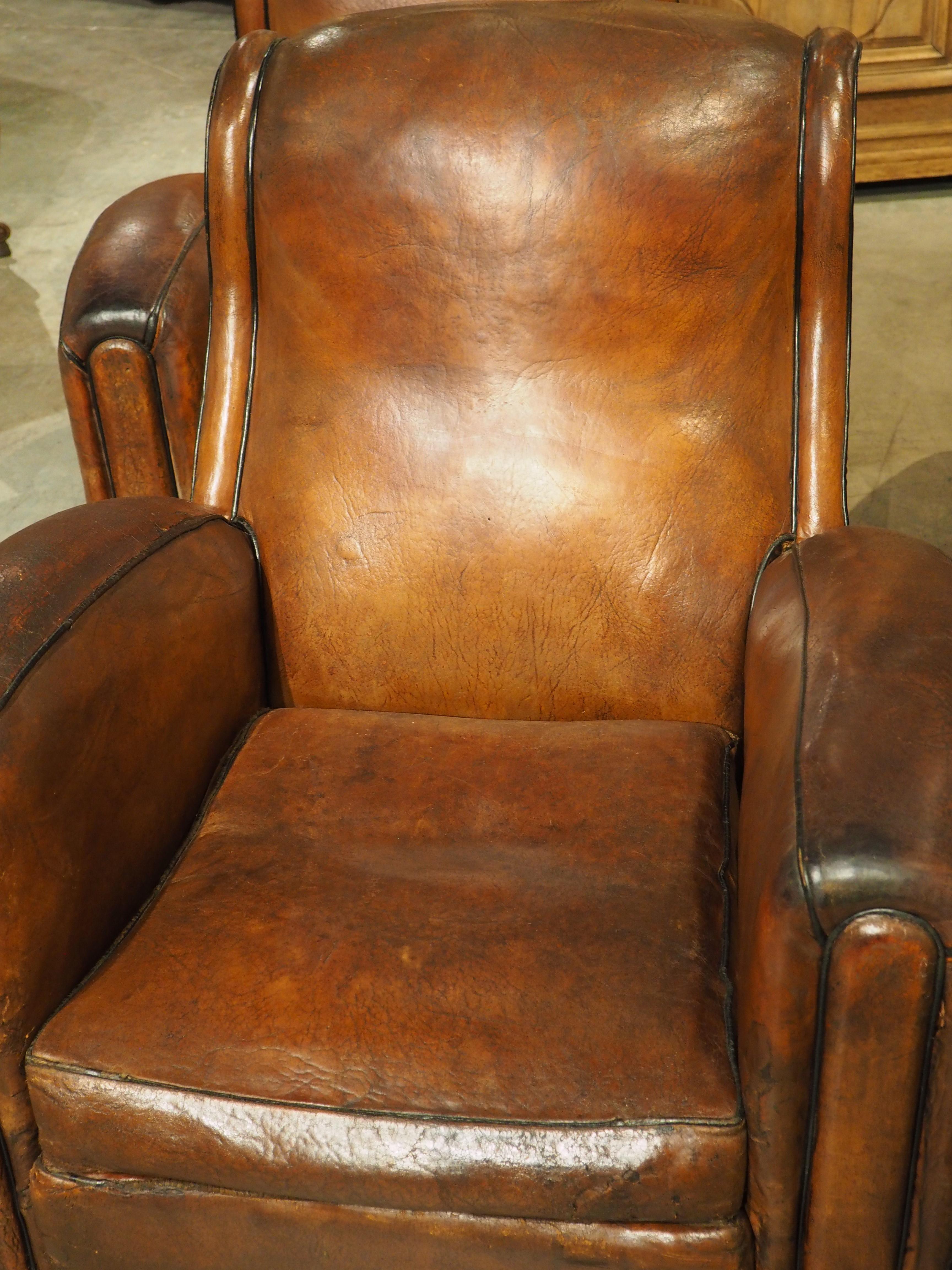 Art Deco Rare Set of 4 Antique French Leather Club Chairs, Circa 1920s