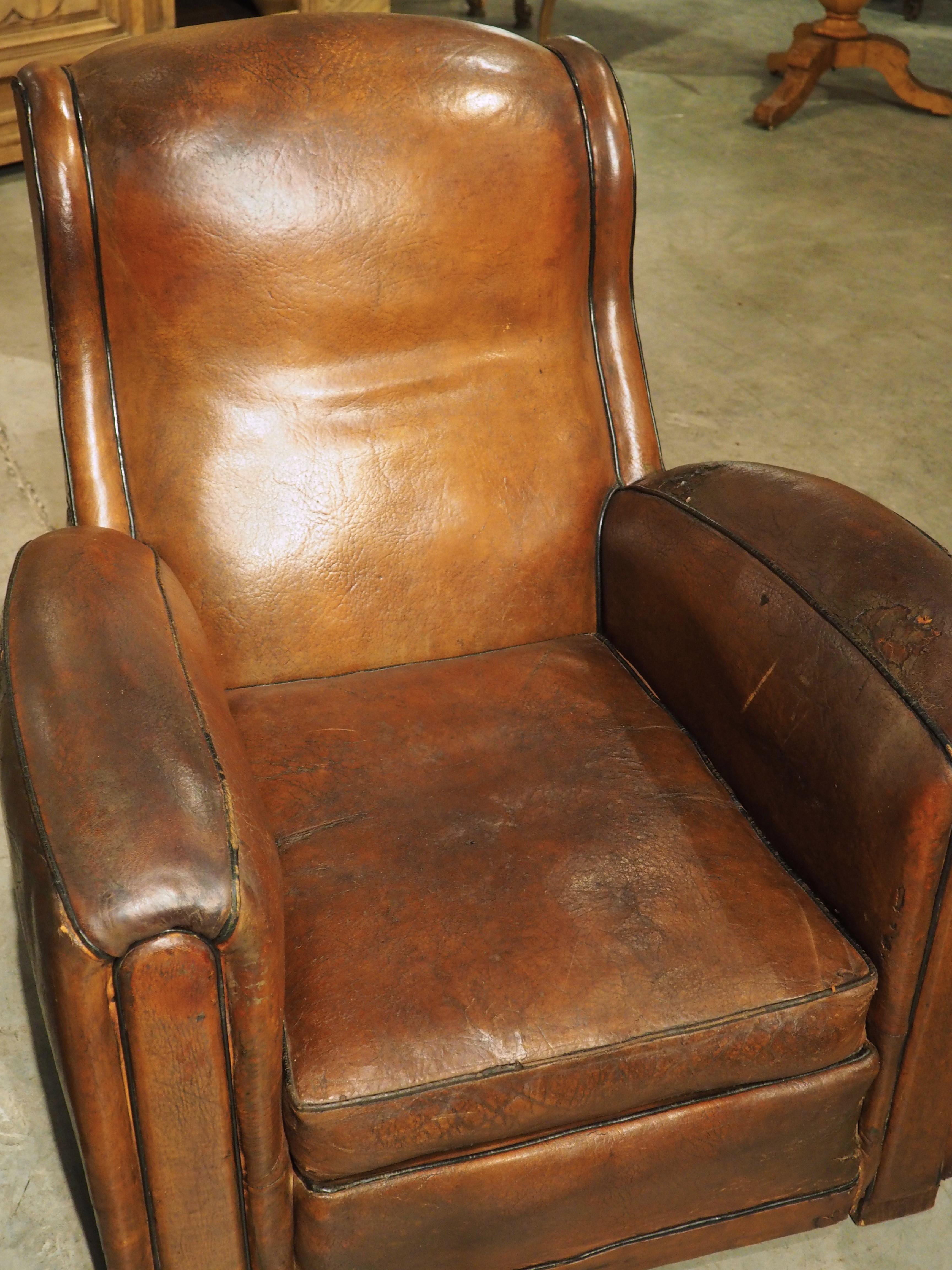 Rare Set of 4 Antique French Leather Club Chairs, Circa 1920s In Good Condition In Dallas, TX