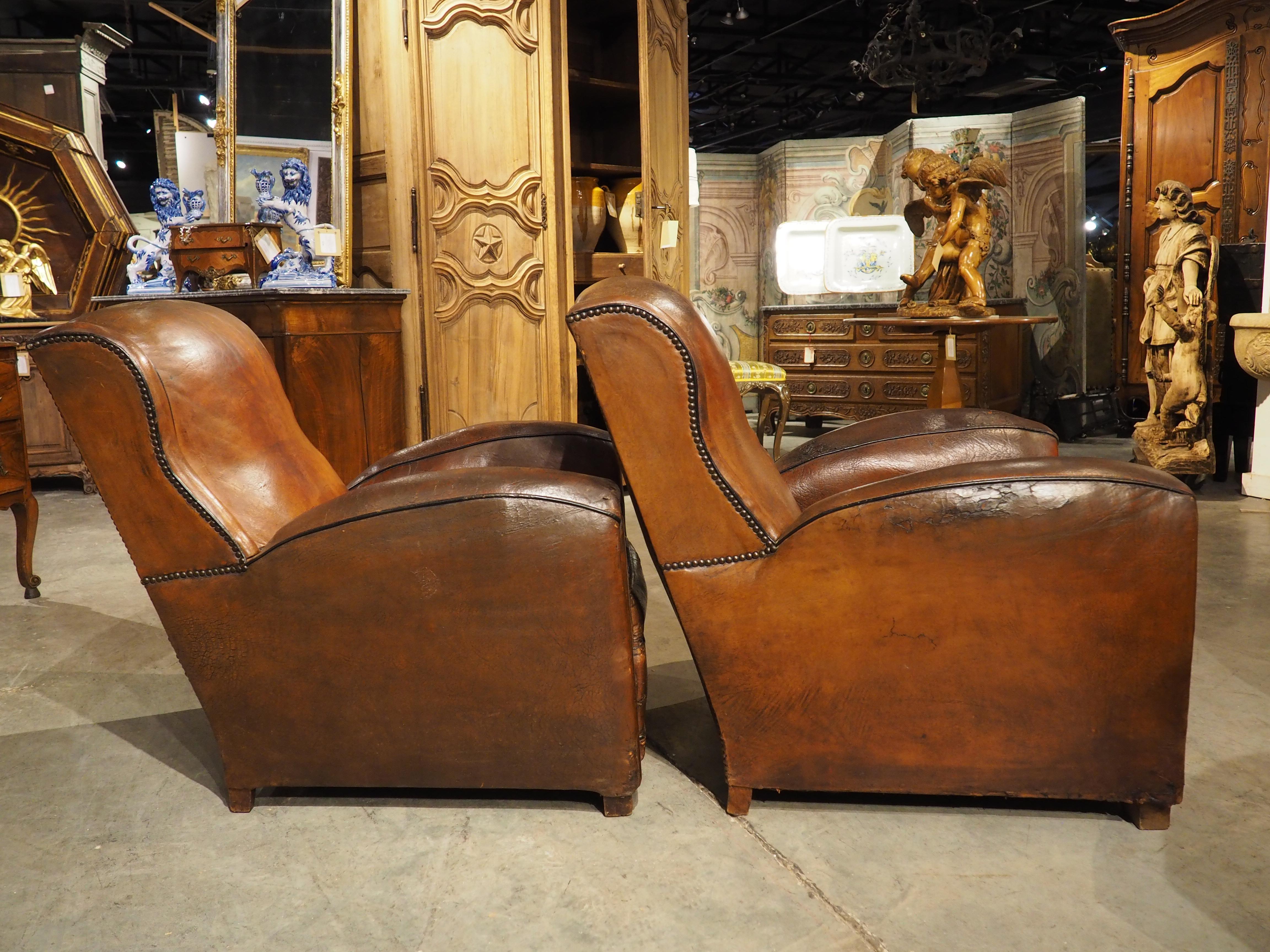 Rare Set of 4 Antique French Leather Club Chairs, Circa 1920s 2