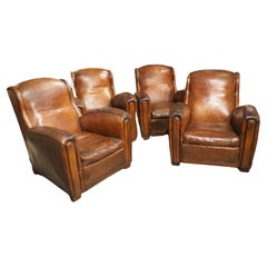 Rare Set of 4 Antique French Leather Club Chairs, Circa 1920s