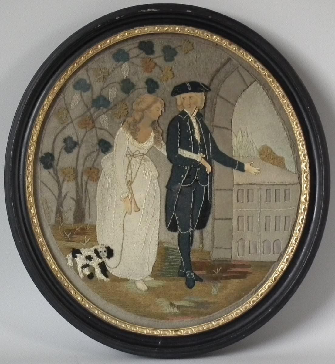 Folk Art Rare Set of 4 Antique Georgian Appliqué Embroideries