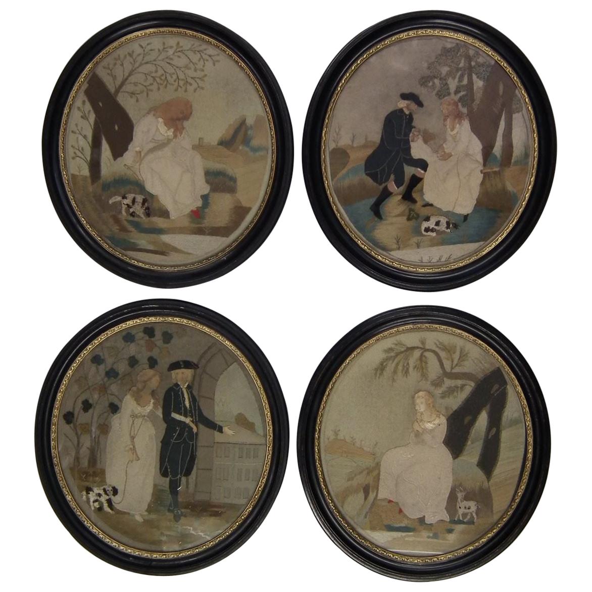 Rare Set of 4 Antique Georgian Appliqué Embroideries